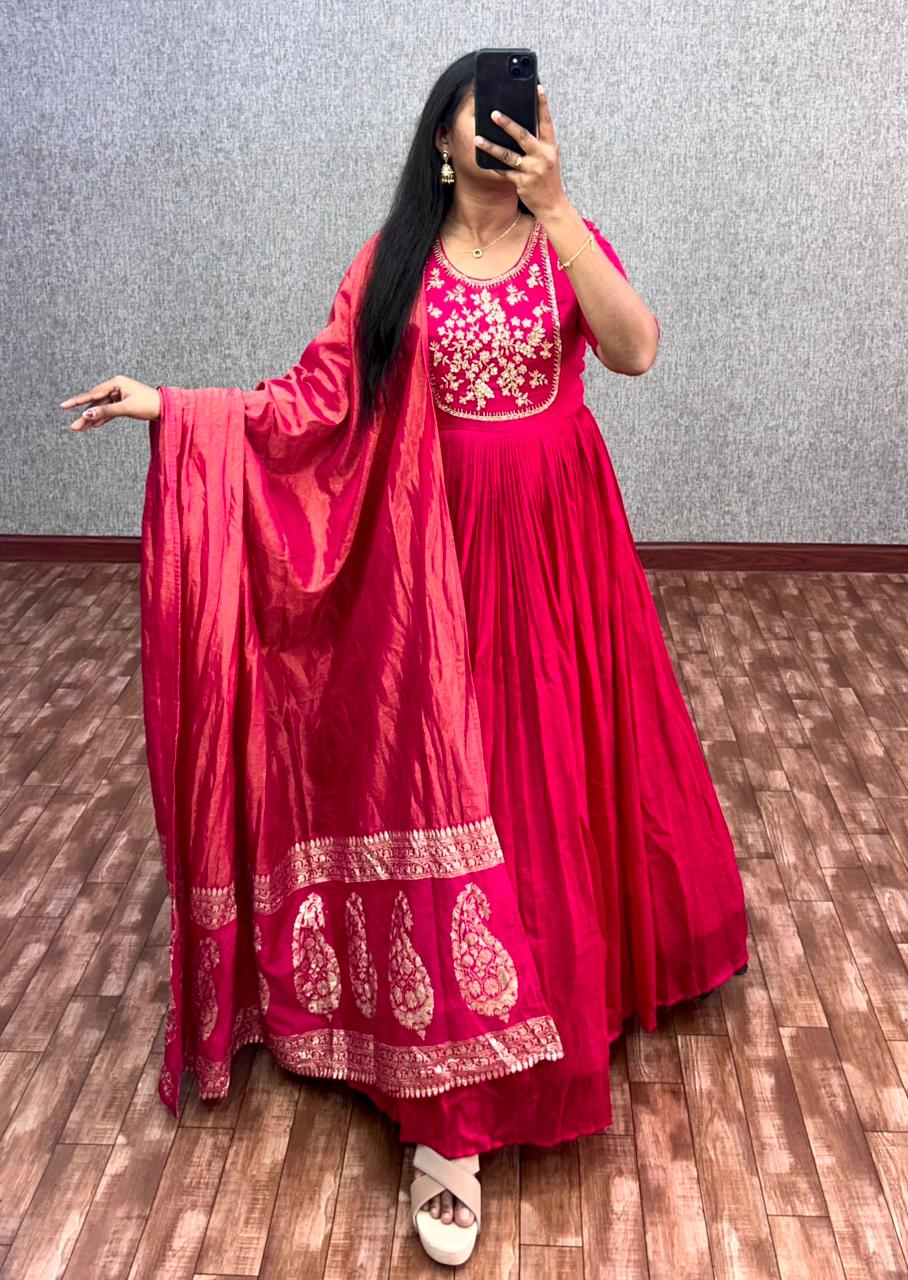 Premium Vichitra Silk Maggam Work Gown with Duppta upatta