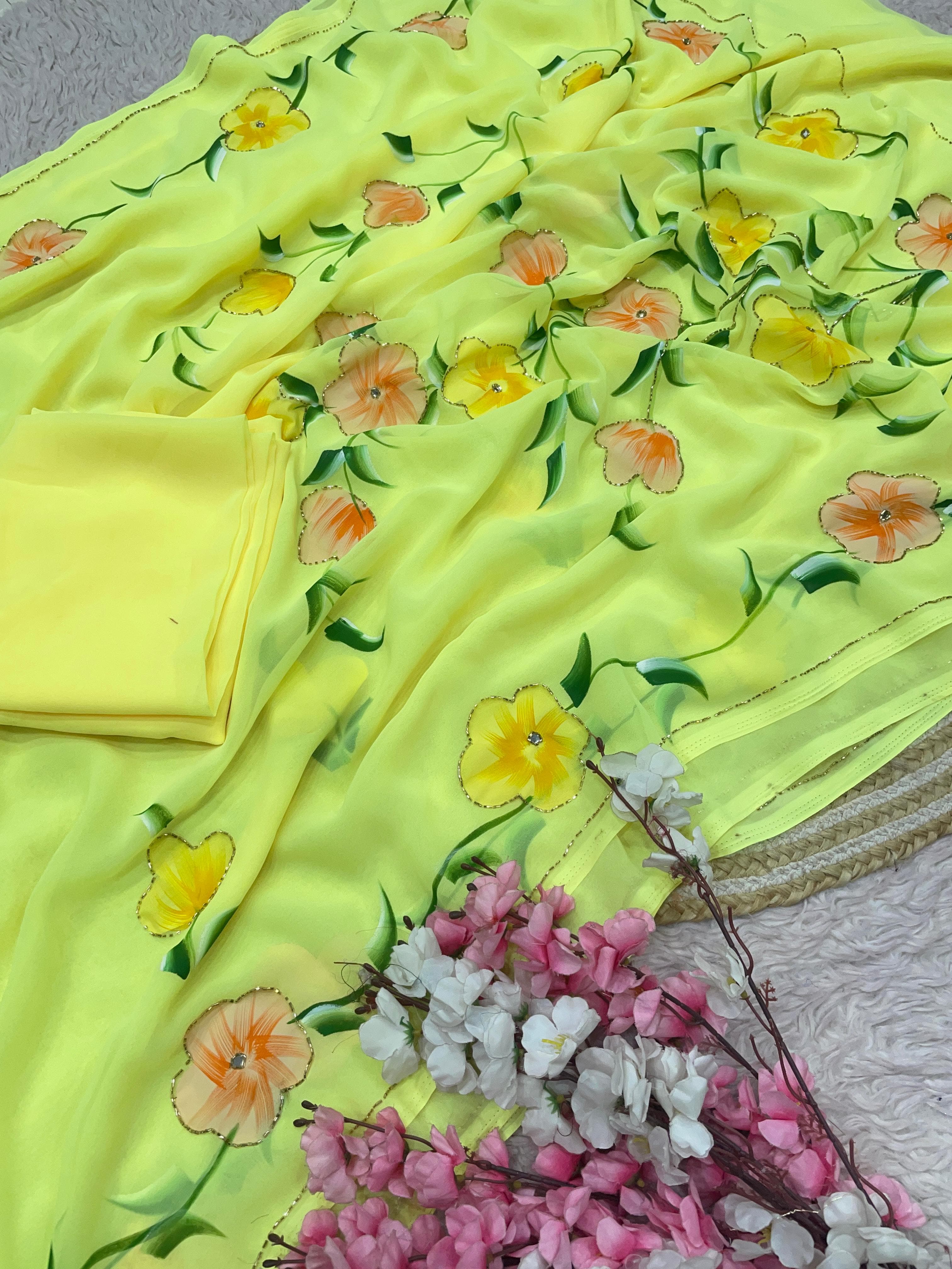 Georgette Sarees with Brush Paint