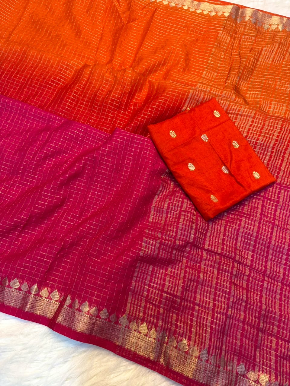 Viscose Temple Border Sarees with Chex design & Meena blouse