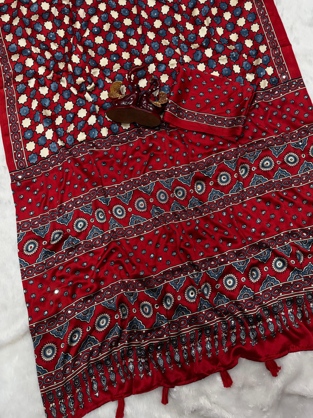 Beautiful Ajarakh Saree with Real mirror work and beautiful tussle