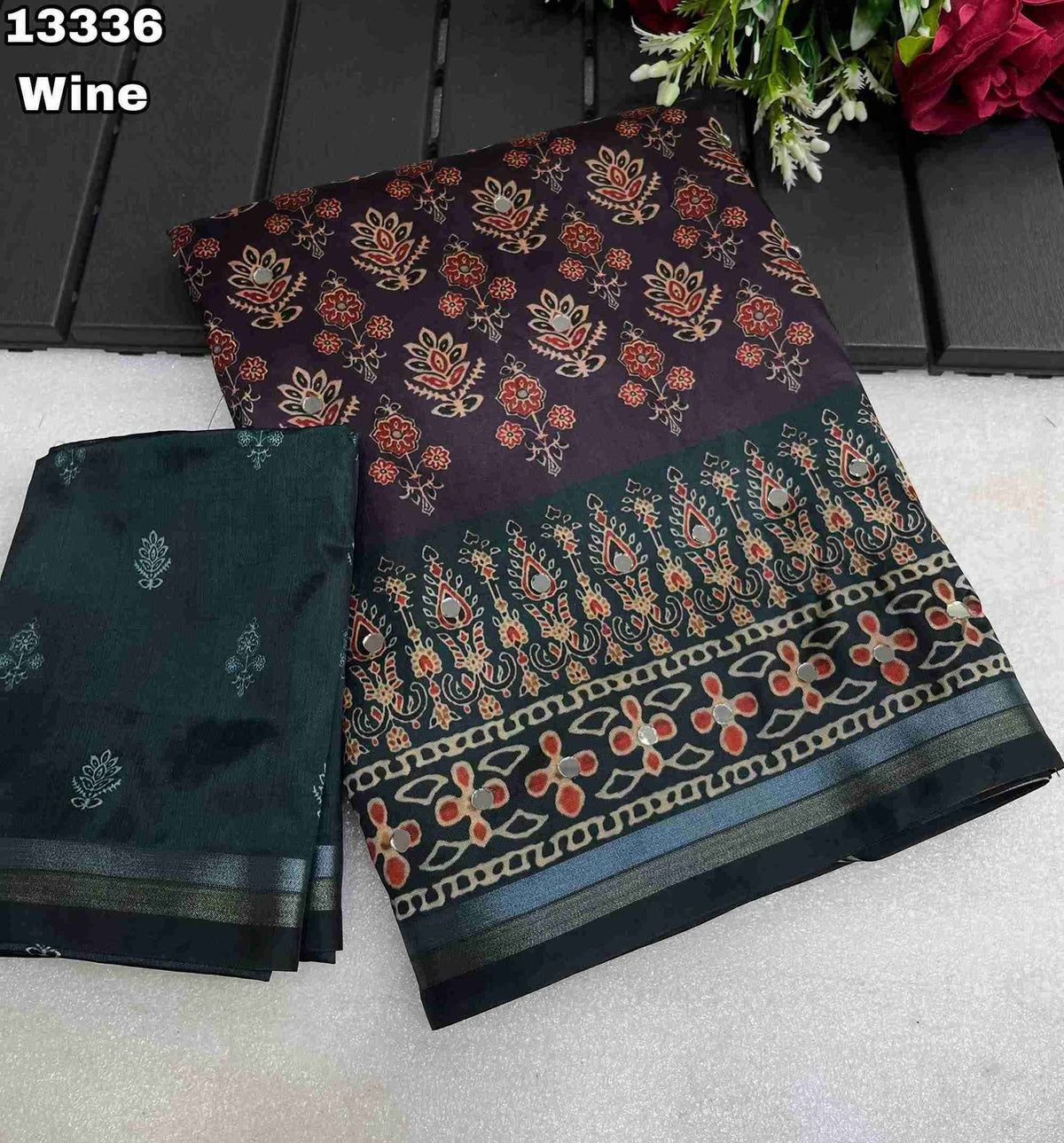 Soft & Smooth Silk Crape Ajrakh Design Digital Print With Original Mirror Work & Zari Weaving Borde