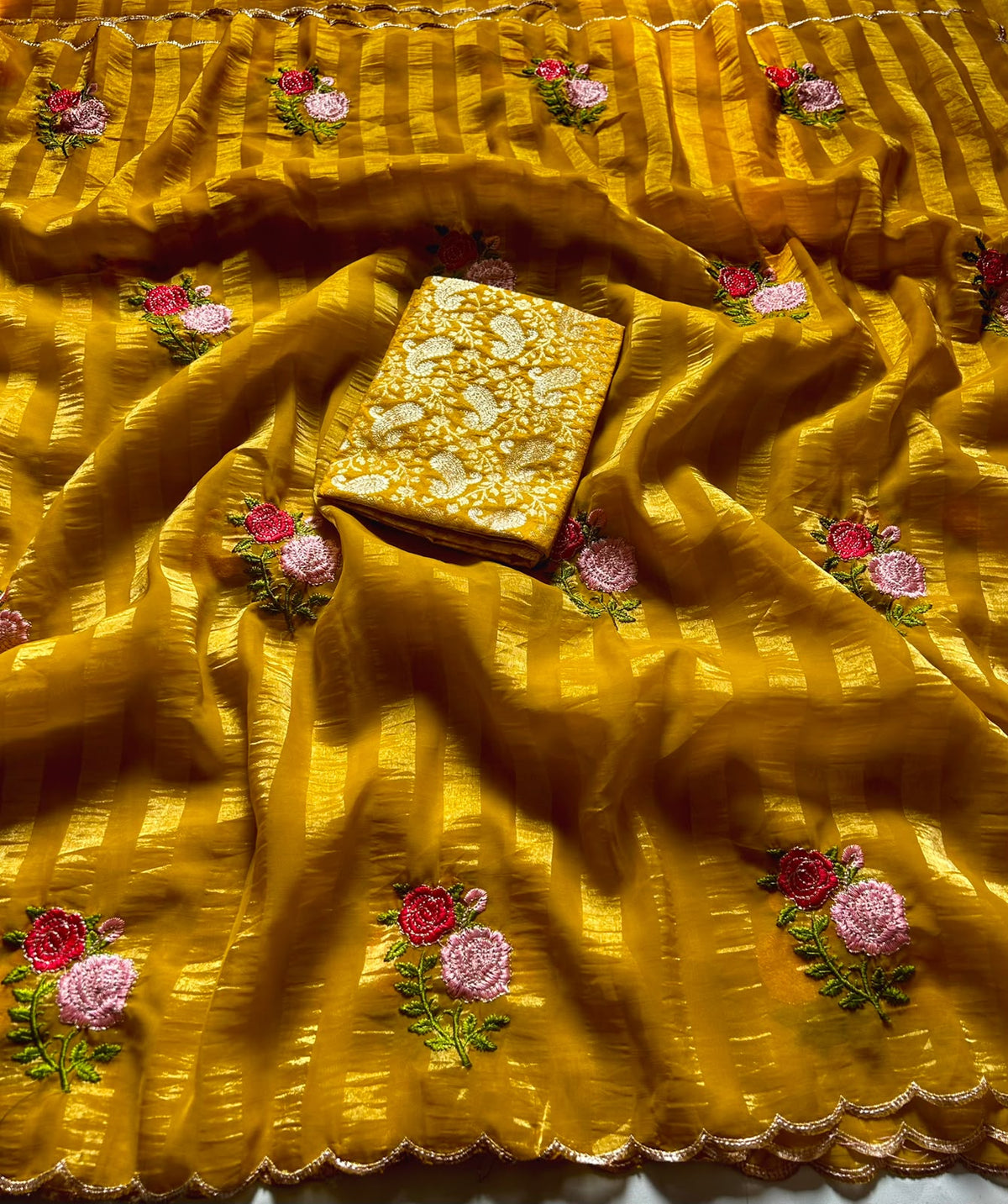 Fabric Sufi Crush Sarees with Embroidery Work all over and saree less border with beautiful cut work border