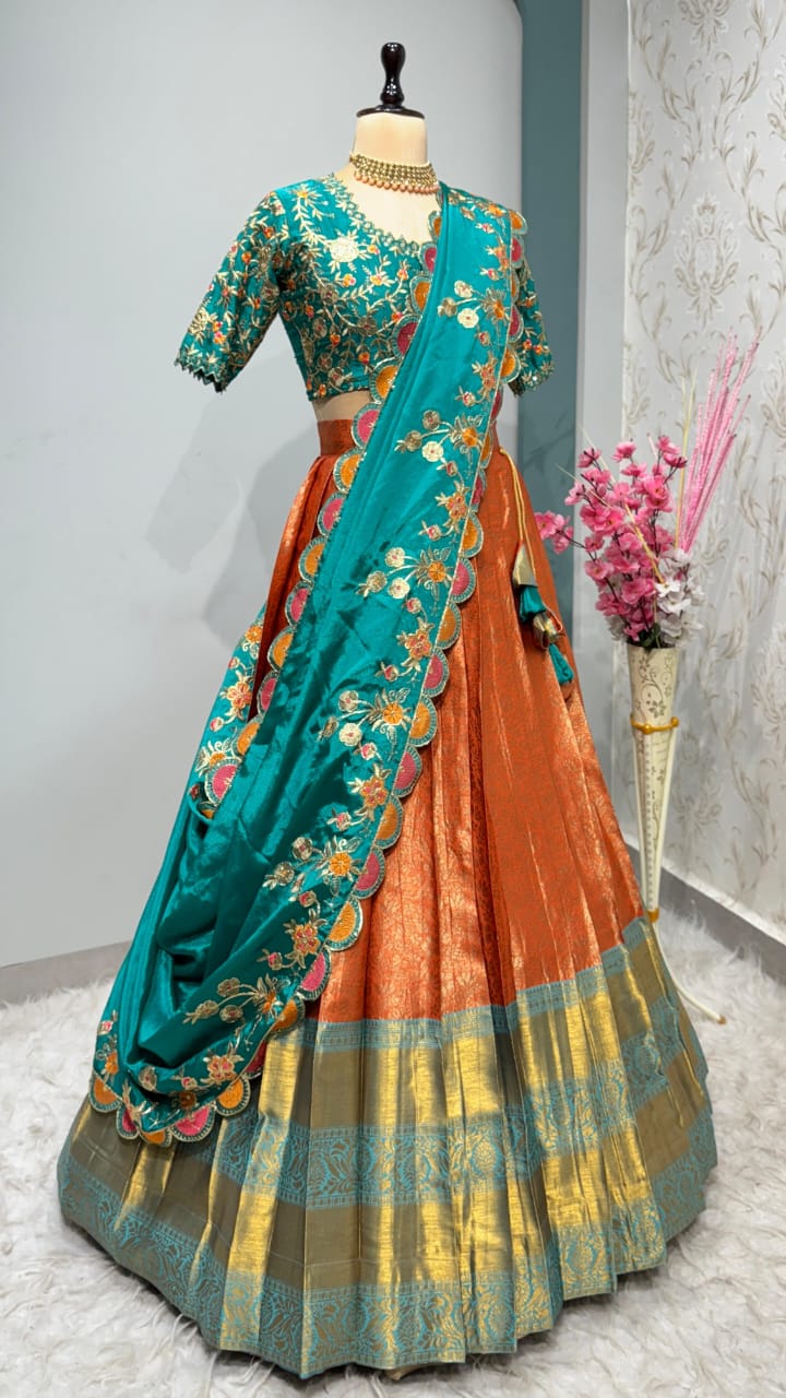 Exclusive Designer Premium Quality Kanjivaram fully stitched Lehenga With Designer Maggam work blouse & Designer Dupatta
