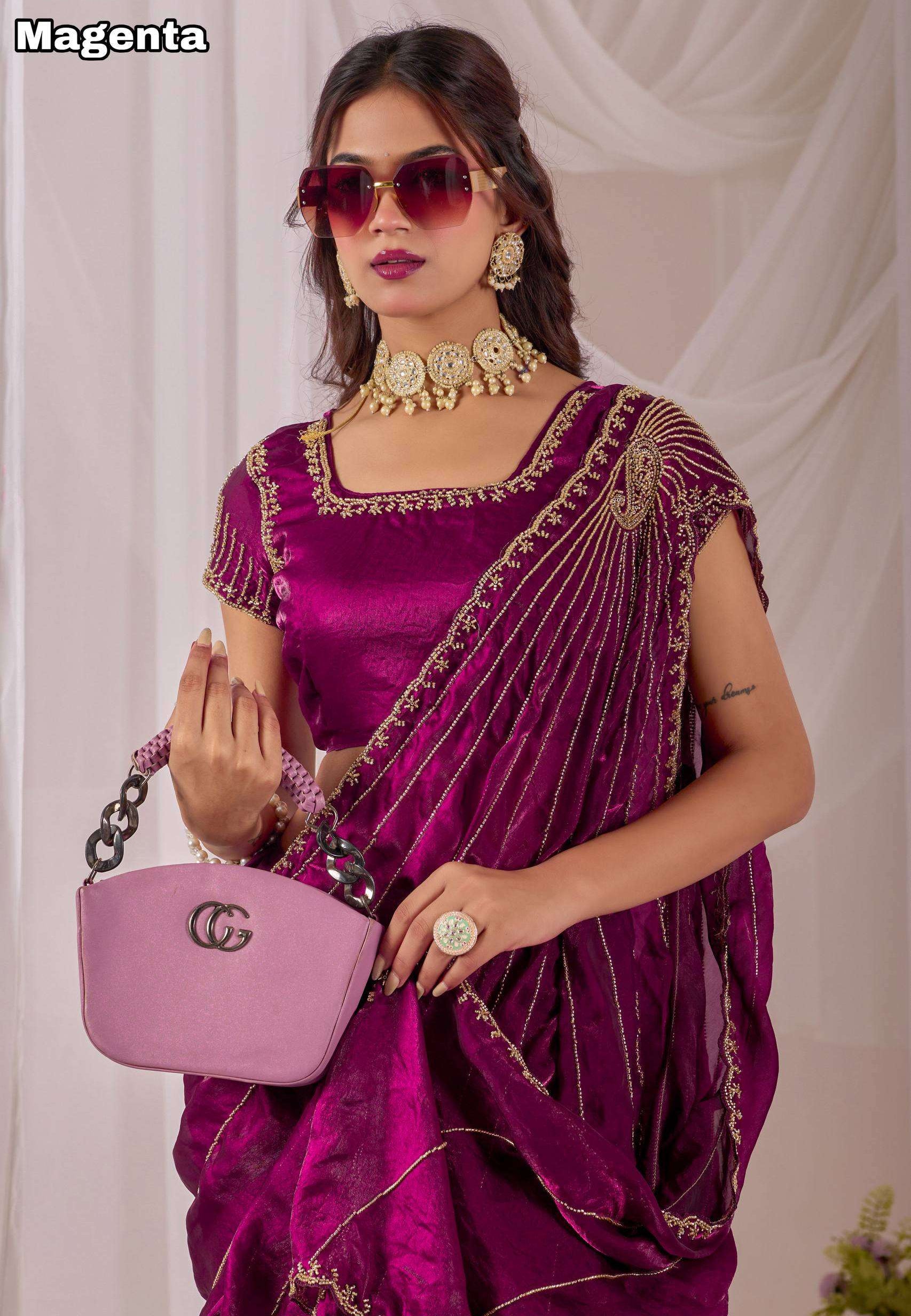 Space Silk Sarees with Cutdana Handwork & Maggam Work