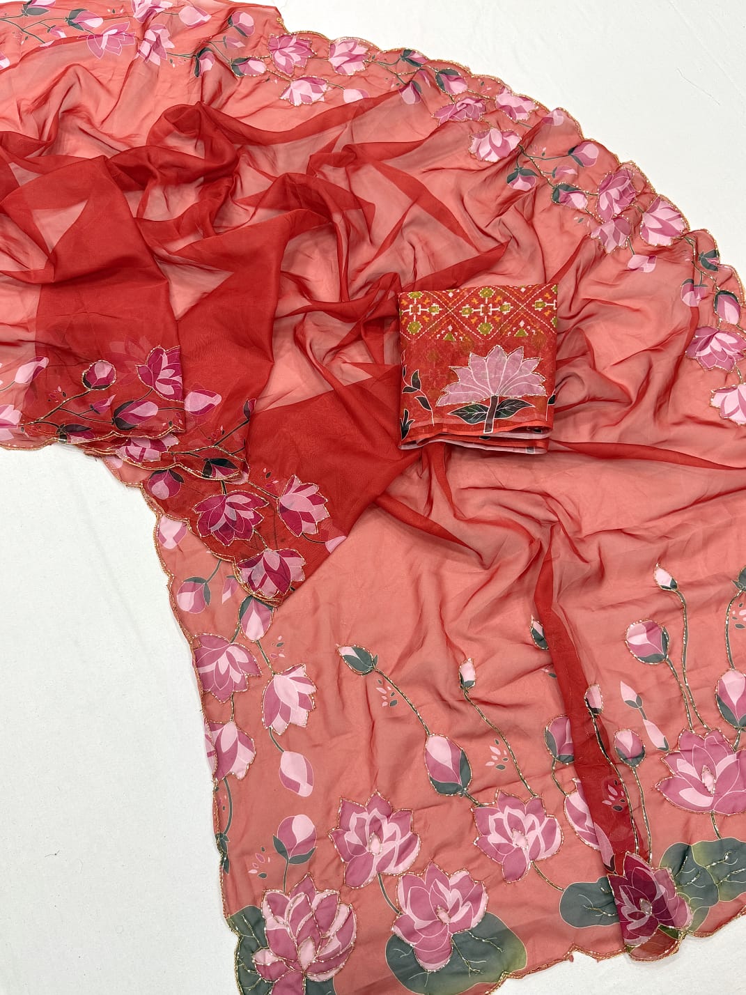 Soft Tebby Silk with Digital Floral Design with Beautiful Katdana Handwork