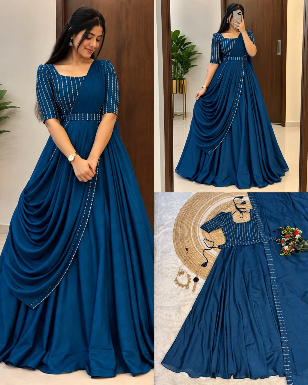 Premium Blooming Vichitra Silk Gown+Duppata with Sequence and Beads work