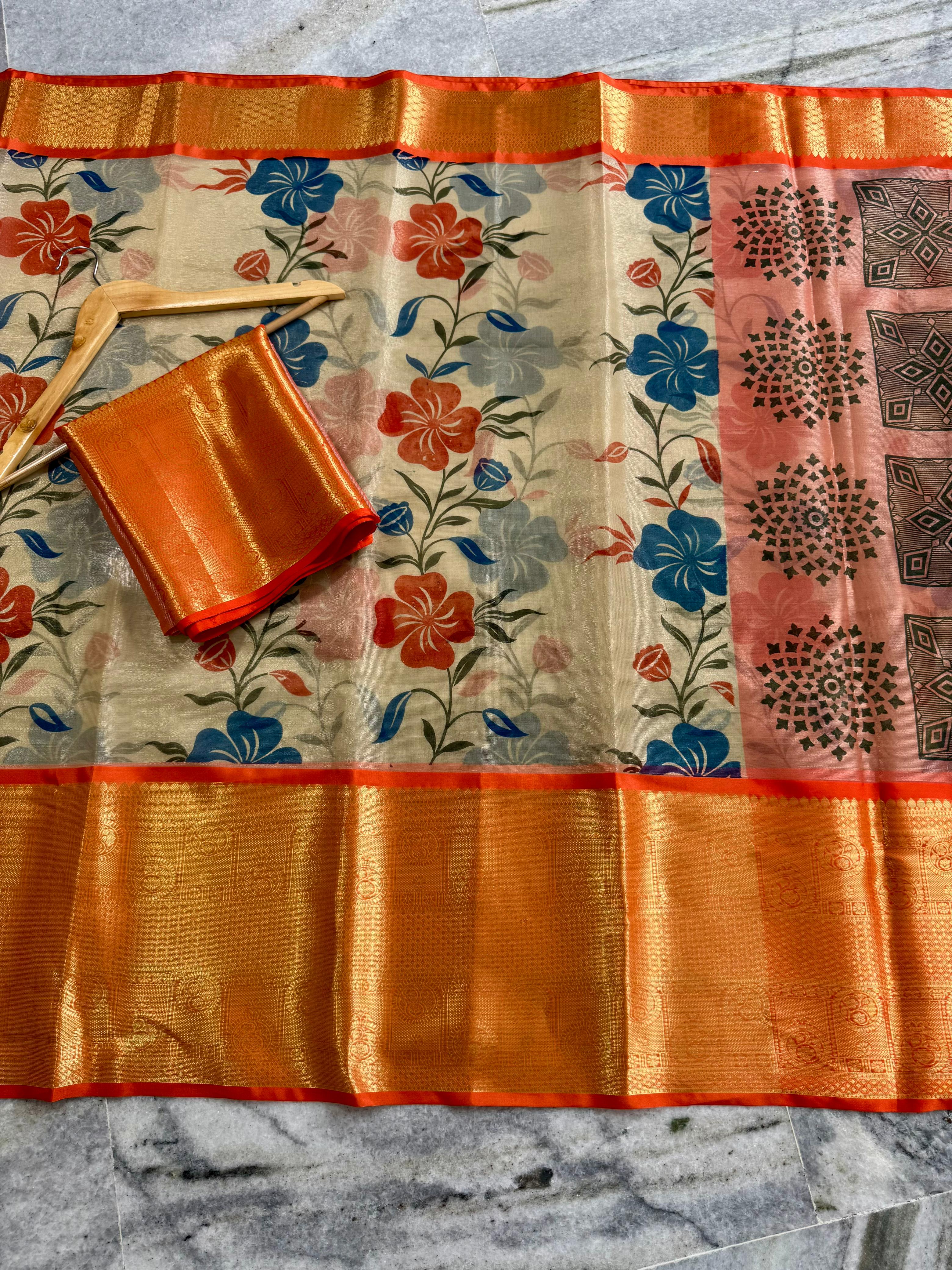 Premium Soft Banarasi Floral Hand Painted Style Saree