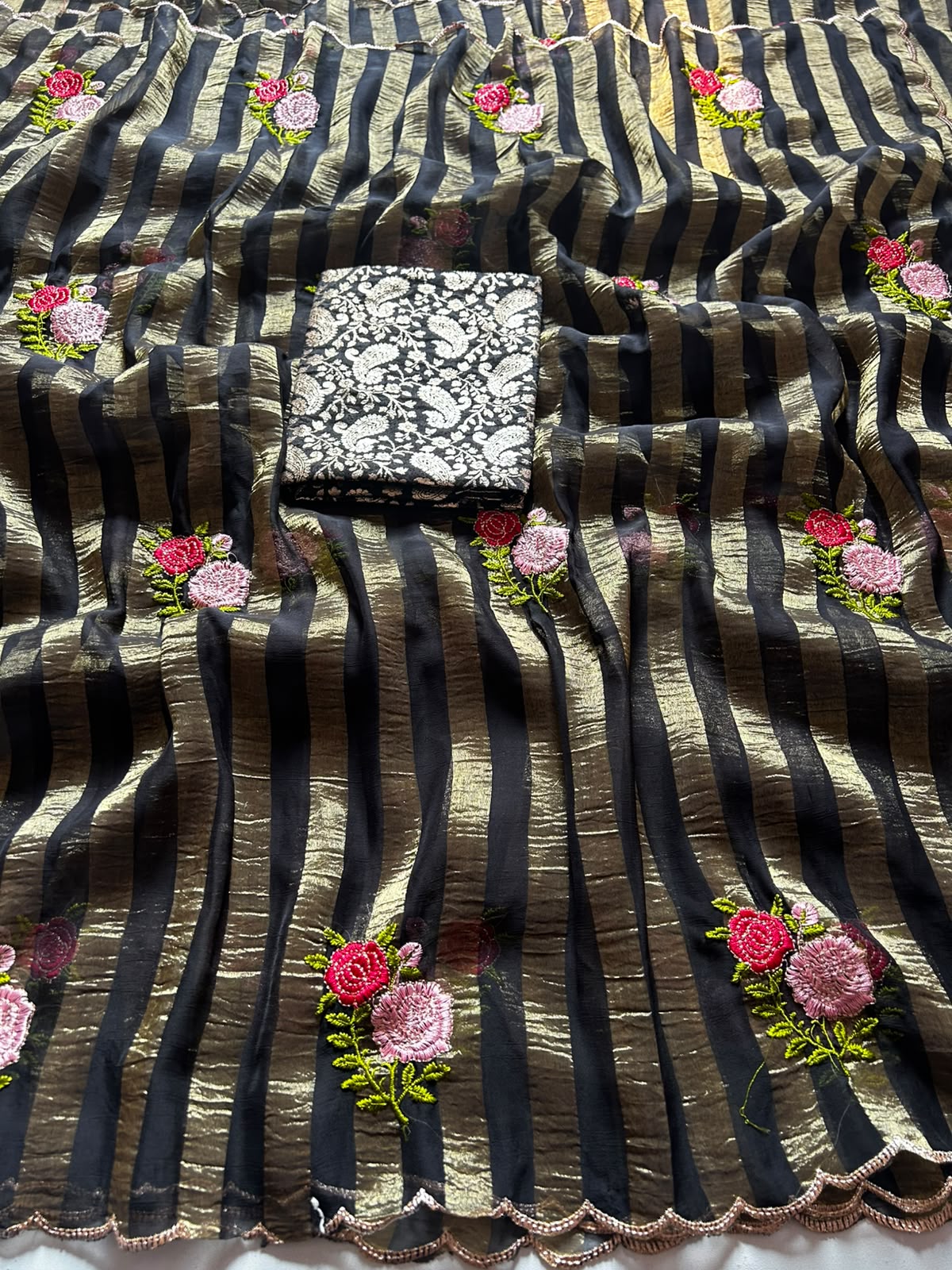 Fabric Sufi Crush Sarees with Embroidery Work all over and saree less border with beautiful cut work border