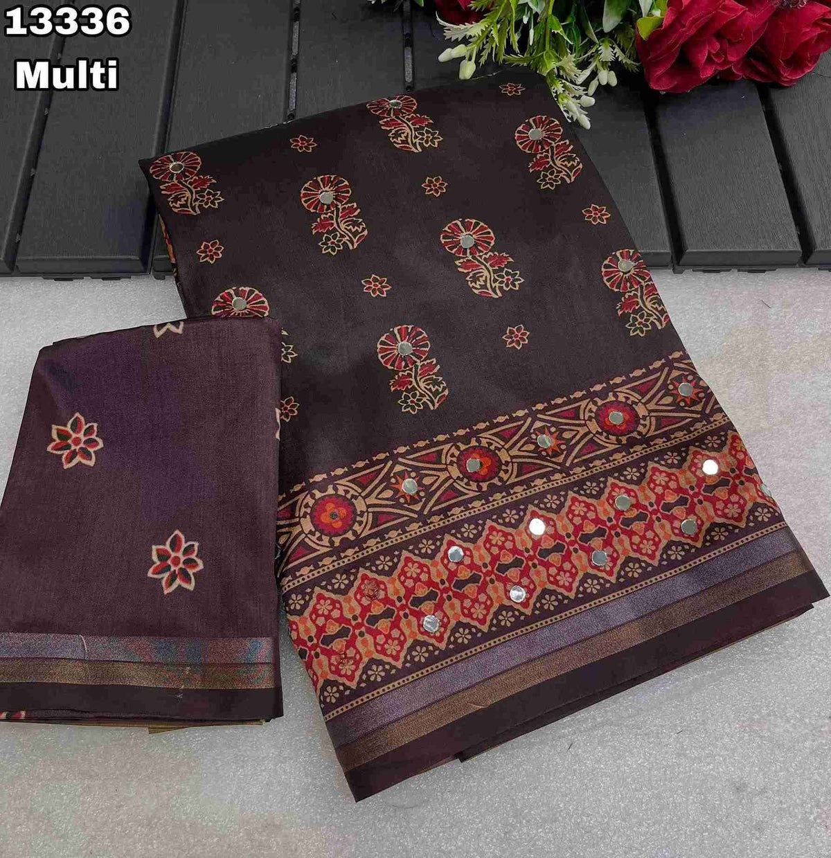 Soft & Smooth Silk Crape Ajrakh Design Digital Print With Original Mirror Work & Zari Weaving Borde
