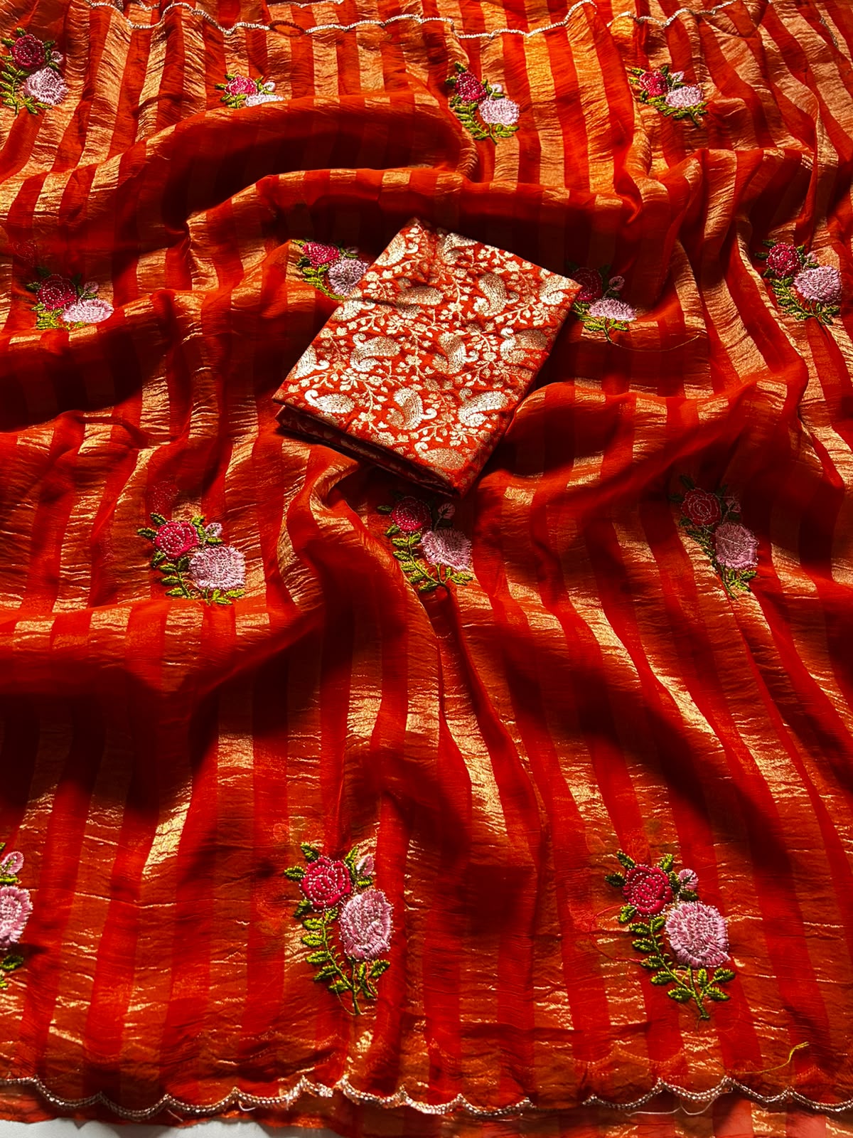 Fabric Sufi Crush Sarees with Embroidery Work all over and saree less border with beautiful cut work border