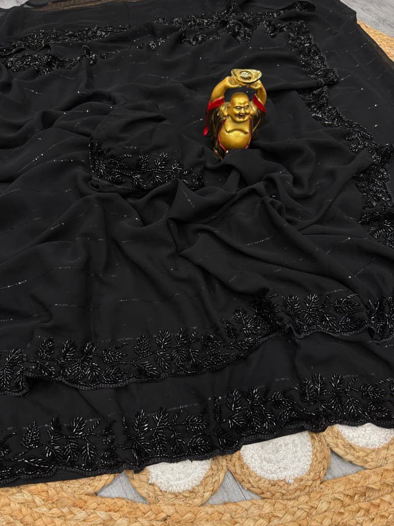 Pure Georgette Saree in Velvet shine adorned with Sequence and Cutdana Handwork