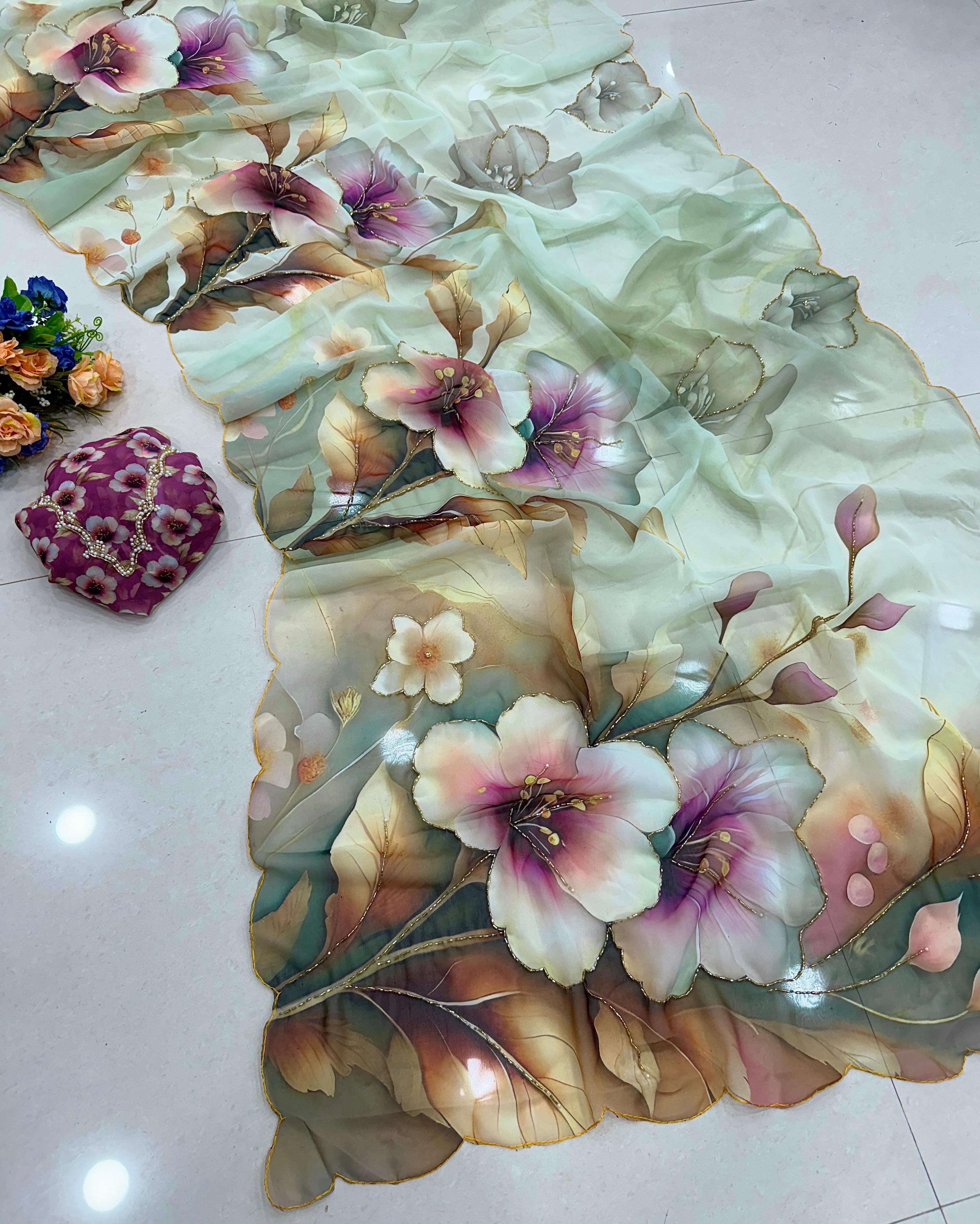 Chiffon floral saree with cutdana work