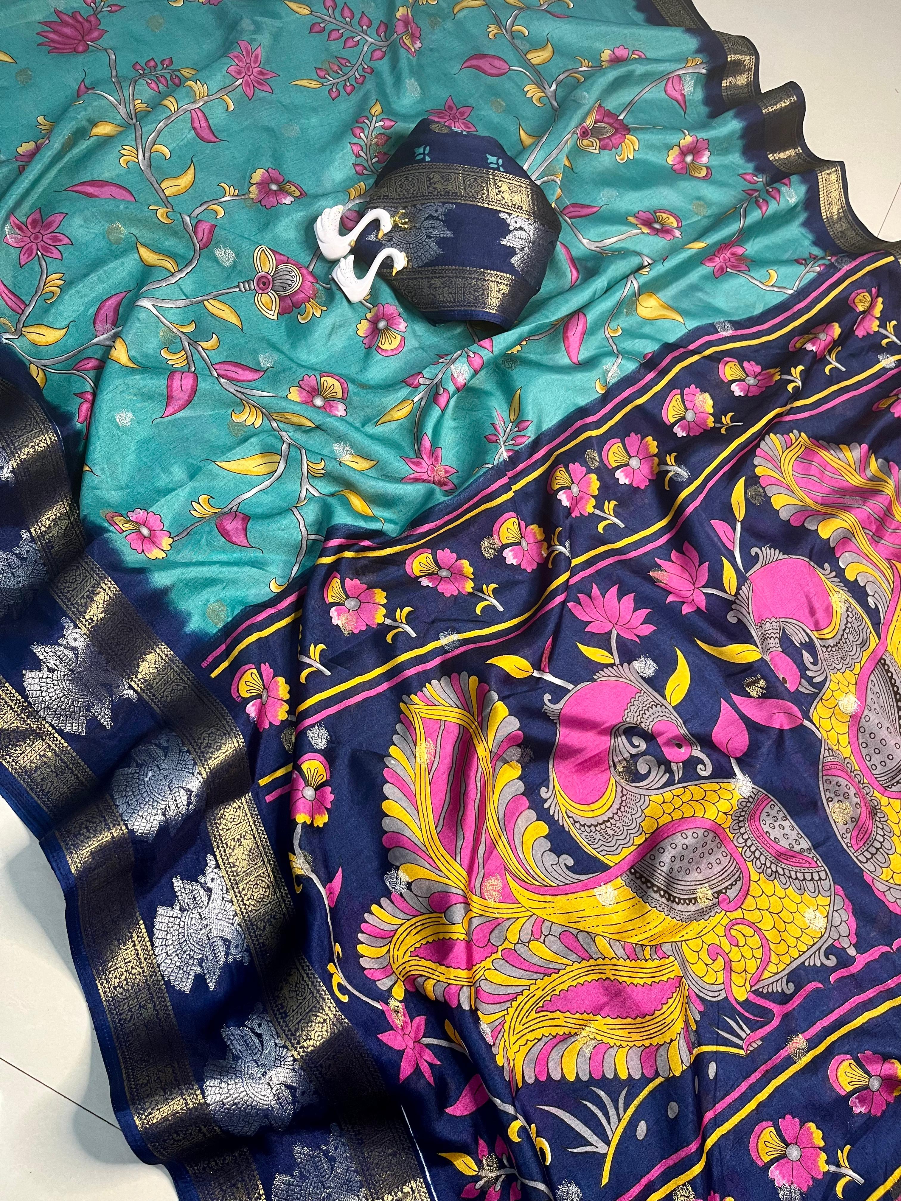 Soft Dola Kalamkari Saree with Peacock Weaving