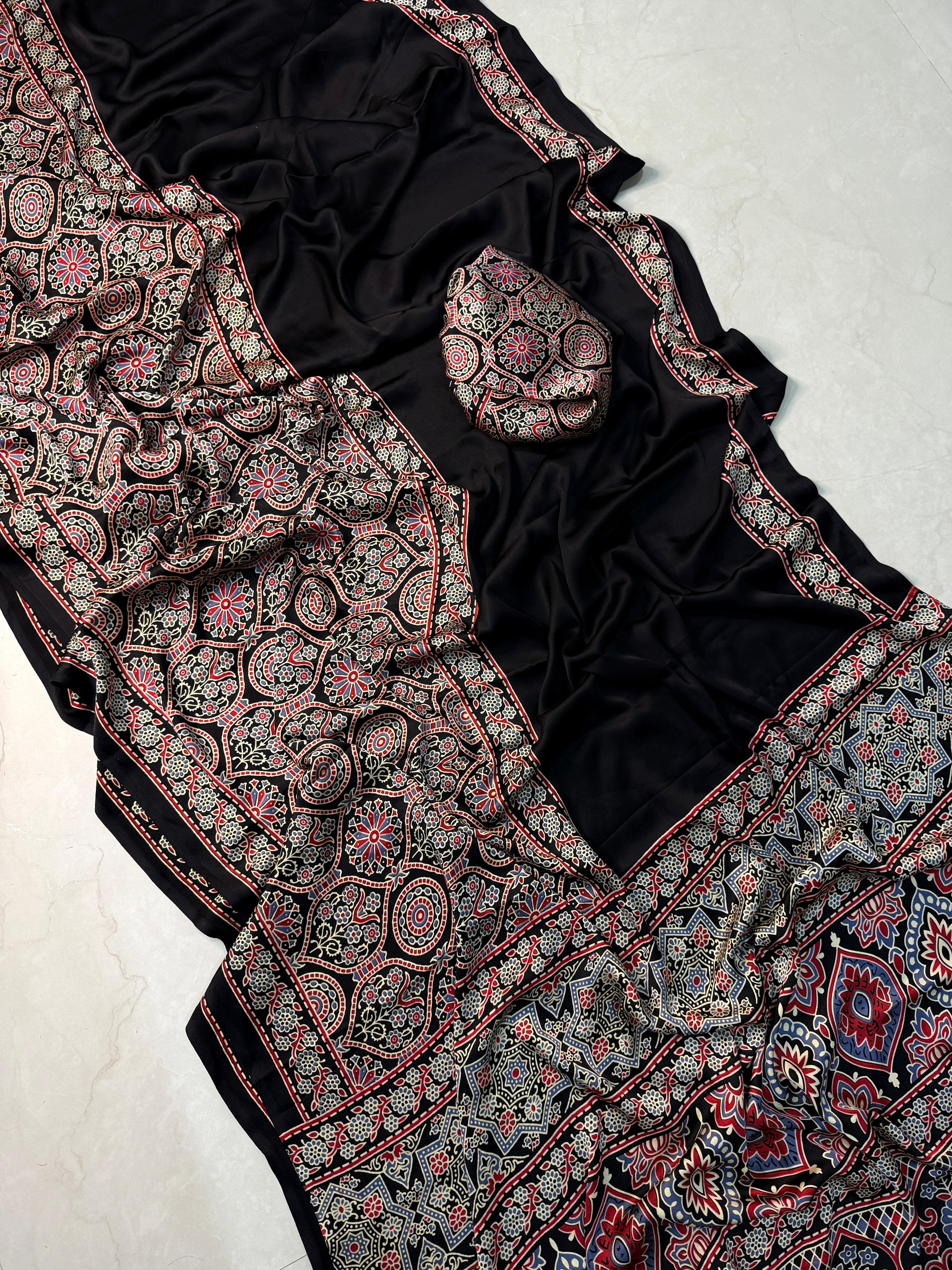 Ajrak satin Silk saree