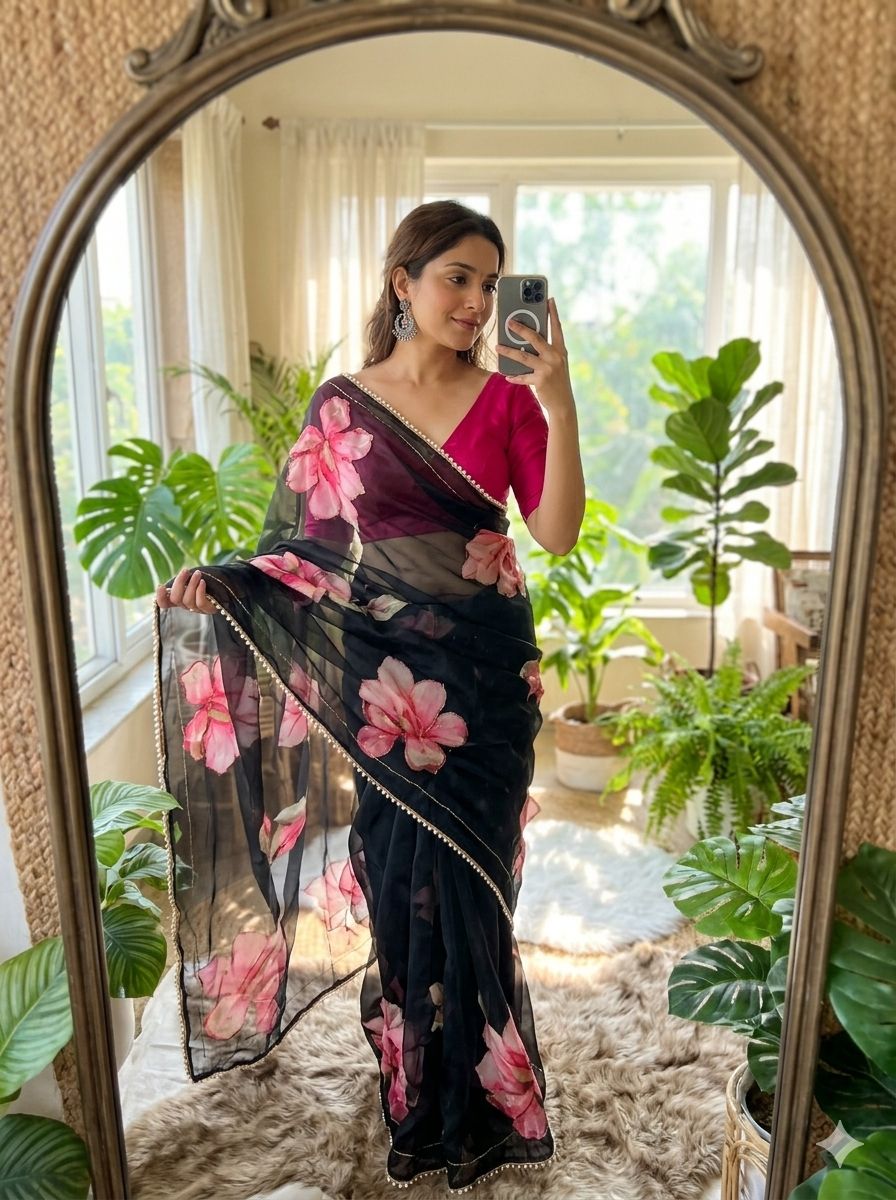 Georgette Silk with Designer Handwork Saree and Moti Lace Border