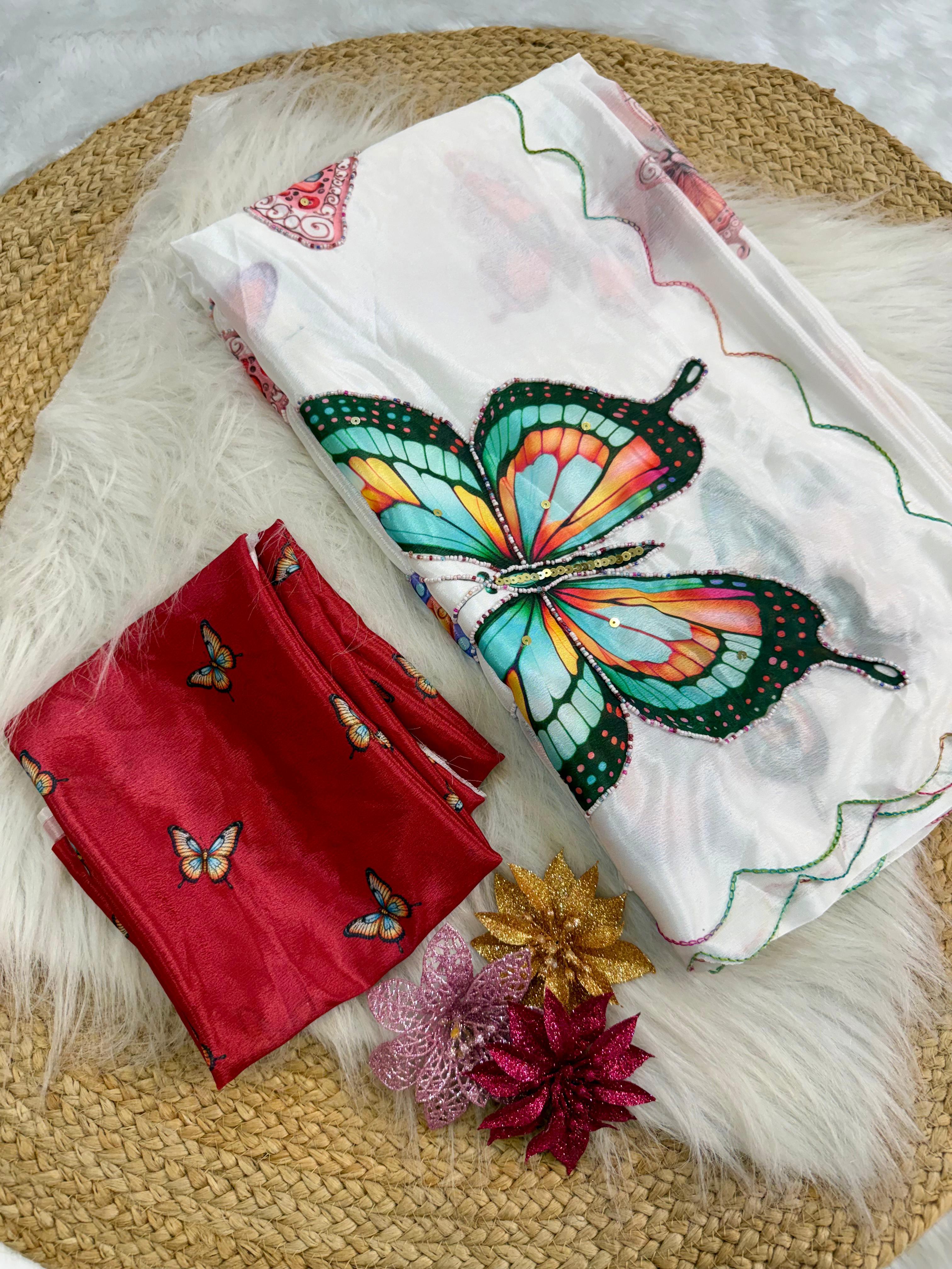Beautiful White Butterfly Malai Silk Saree