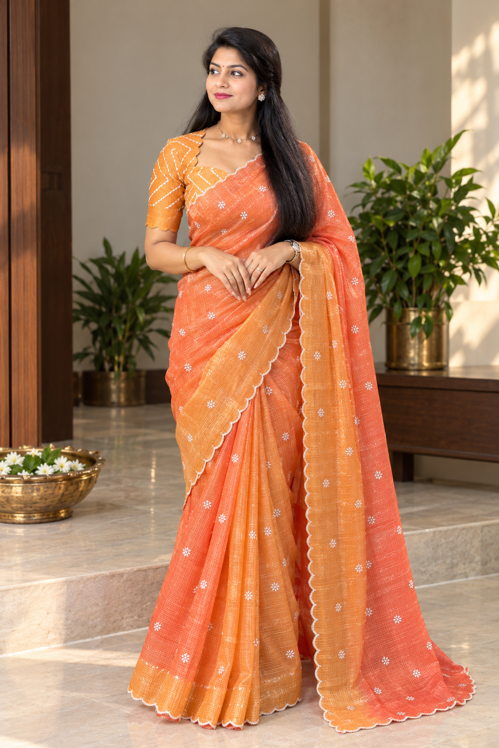 Original Doriya with all-over white buti weaving & scalloped border
Running blouse with zig-zag weaving