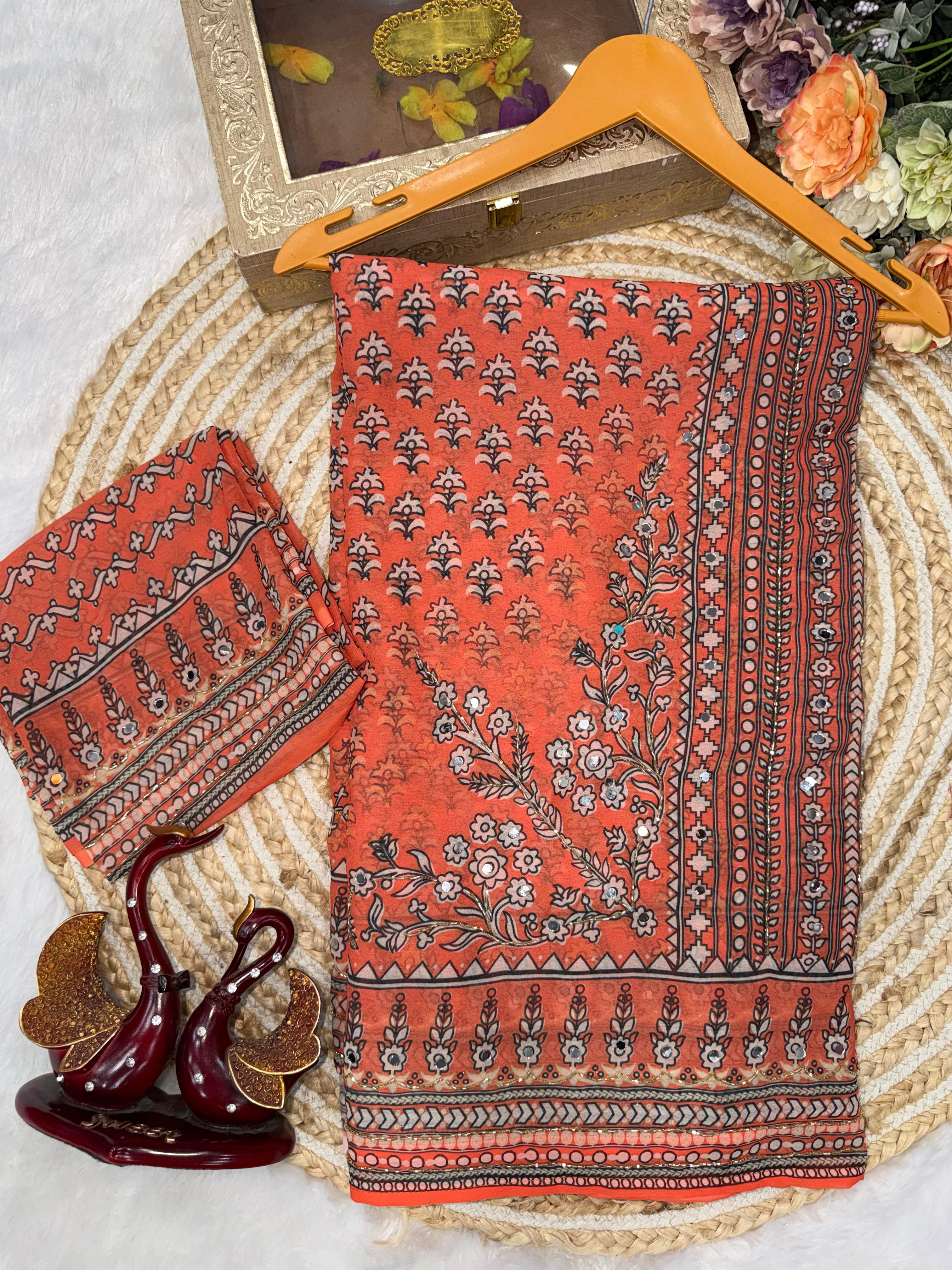 Ajrakh Designer Soft Fox Georgette Sarees with Cutdana and Mirror Work