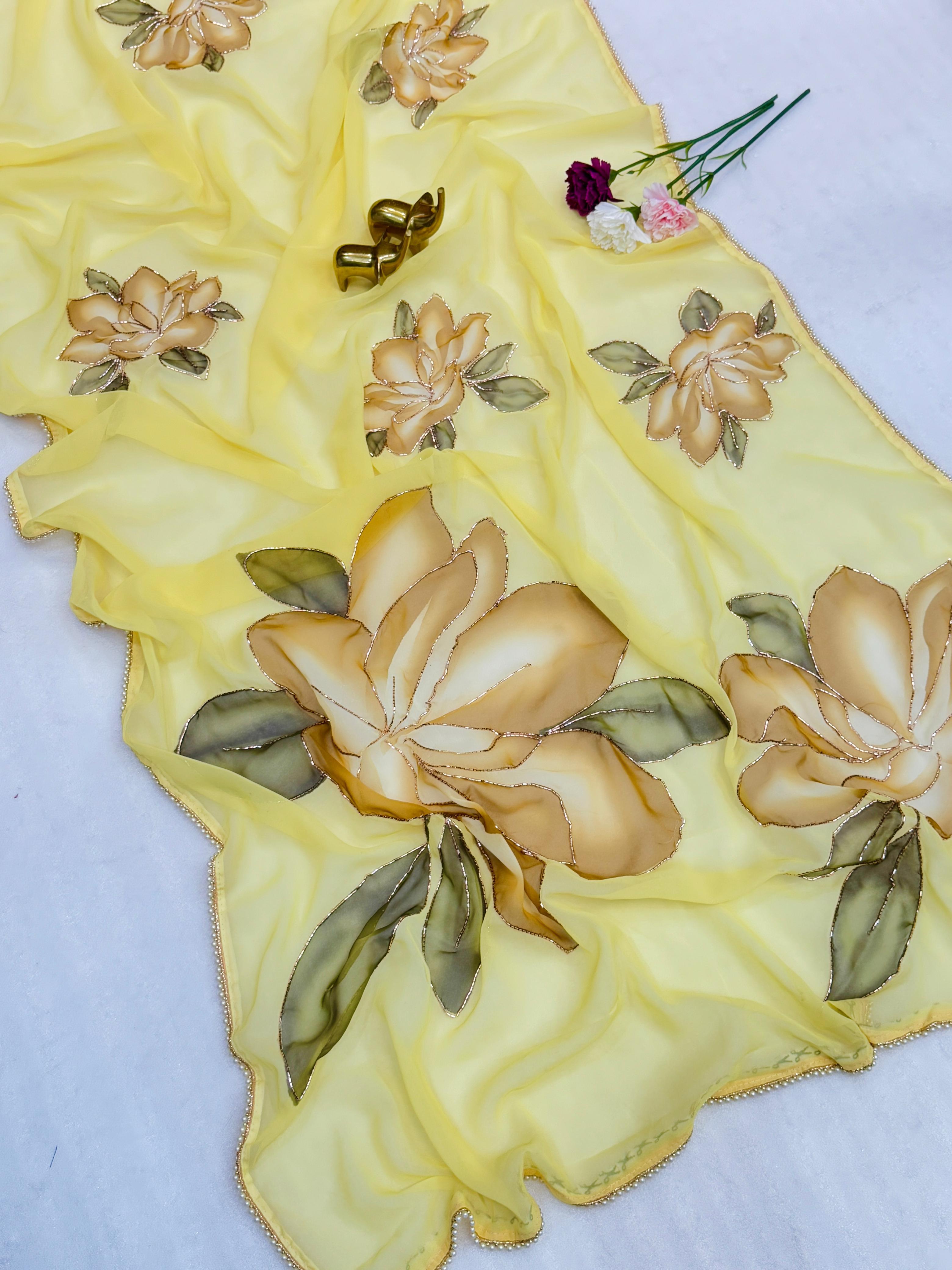 chiffon floral saree with cutwork and lace border