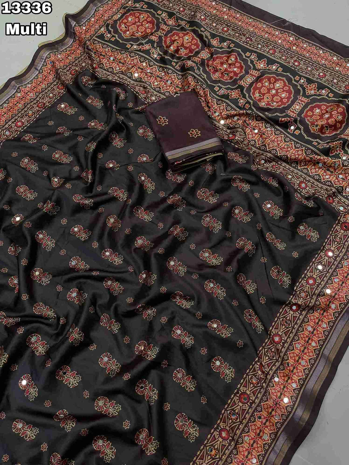 Soft & Smooth Silk Crape Ajrakh Design Digital Print With Original Mirror Work & Zari Weaving Borde