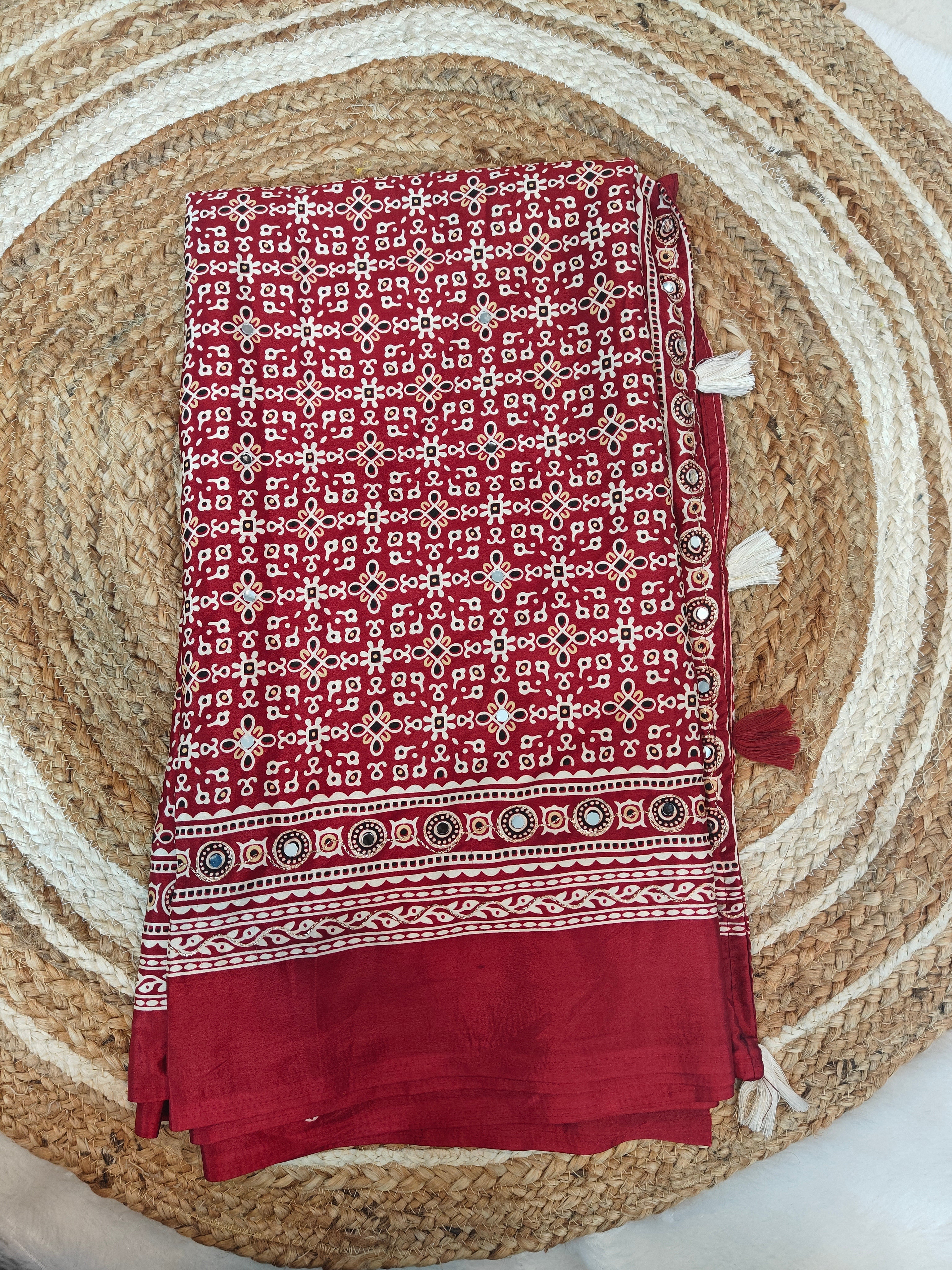 Premium Ajrakh Sarees with Mirror Work