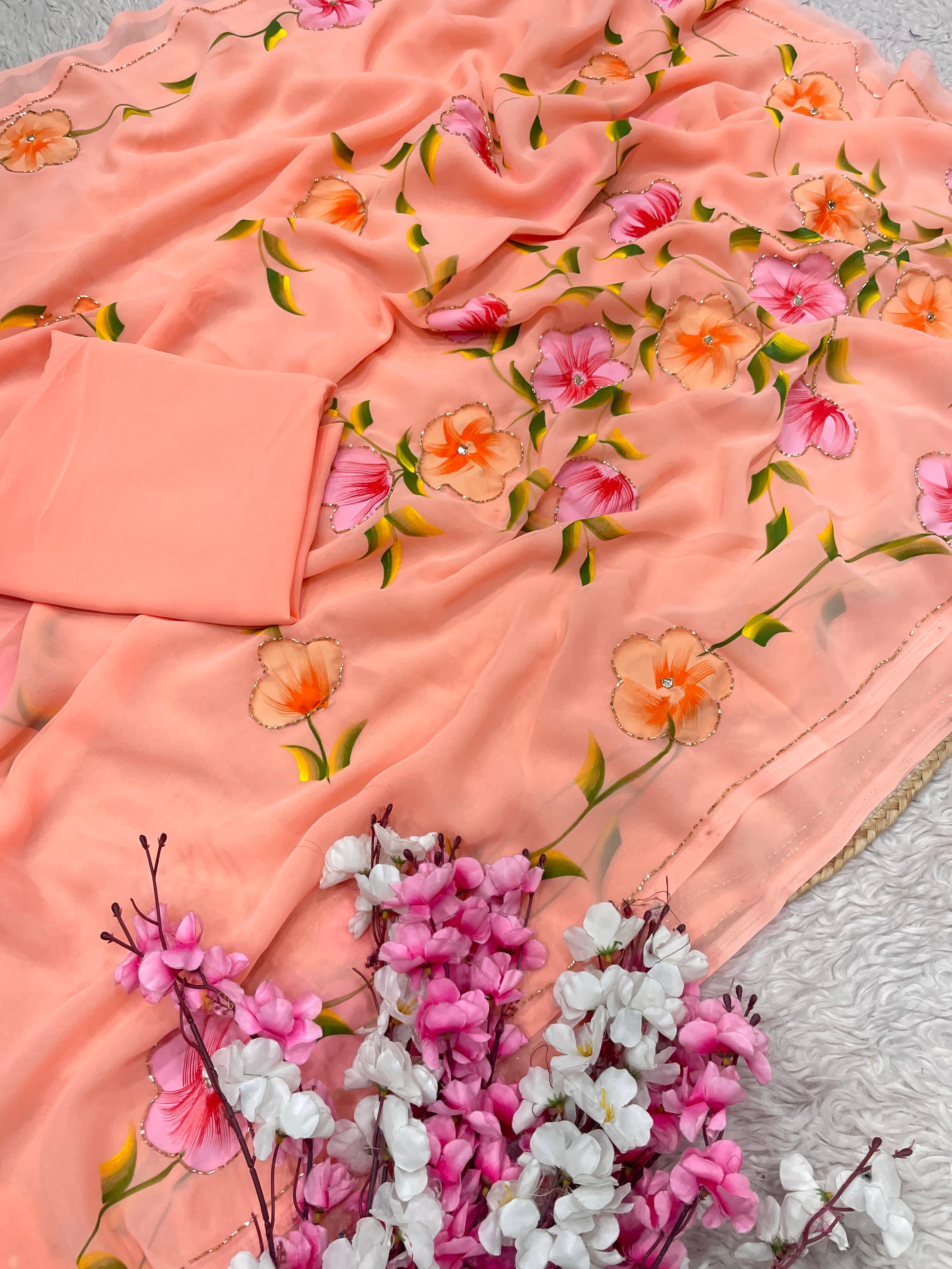 Georgette Sarees with Brush Paint