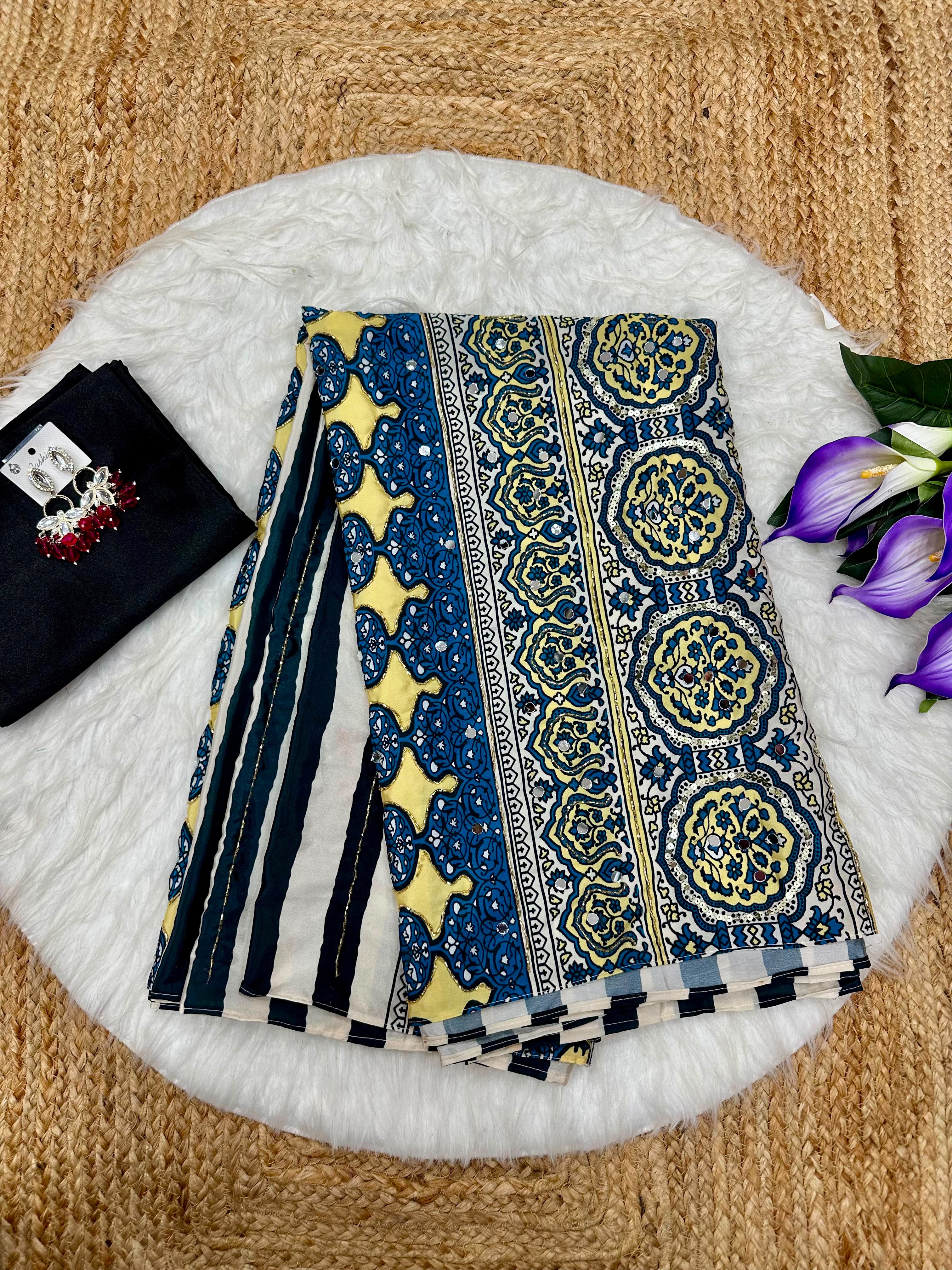 Crape mirror work semi partywear sarees