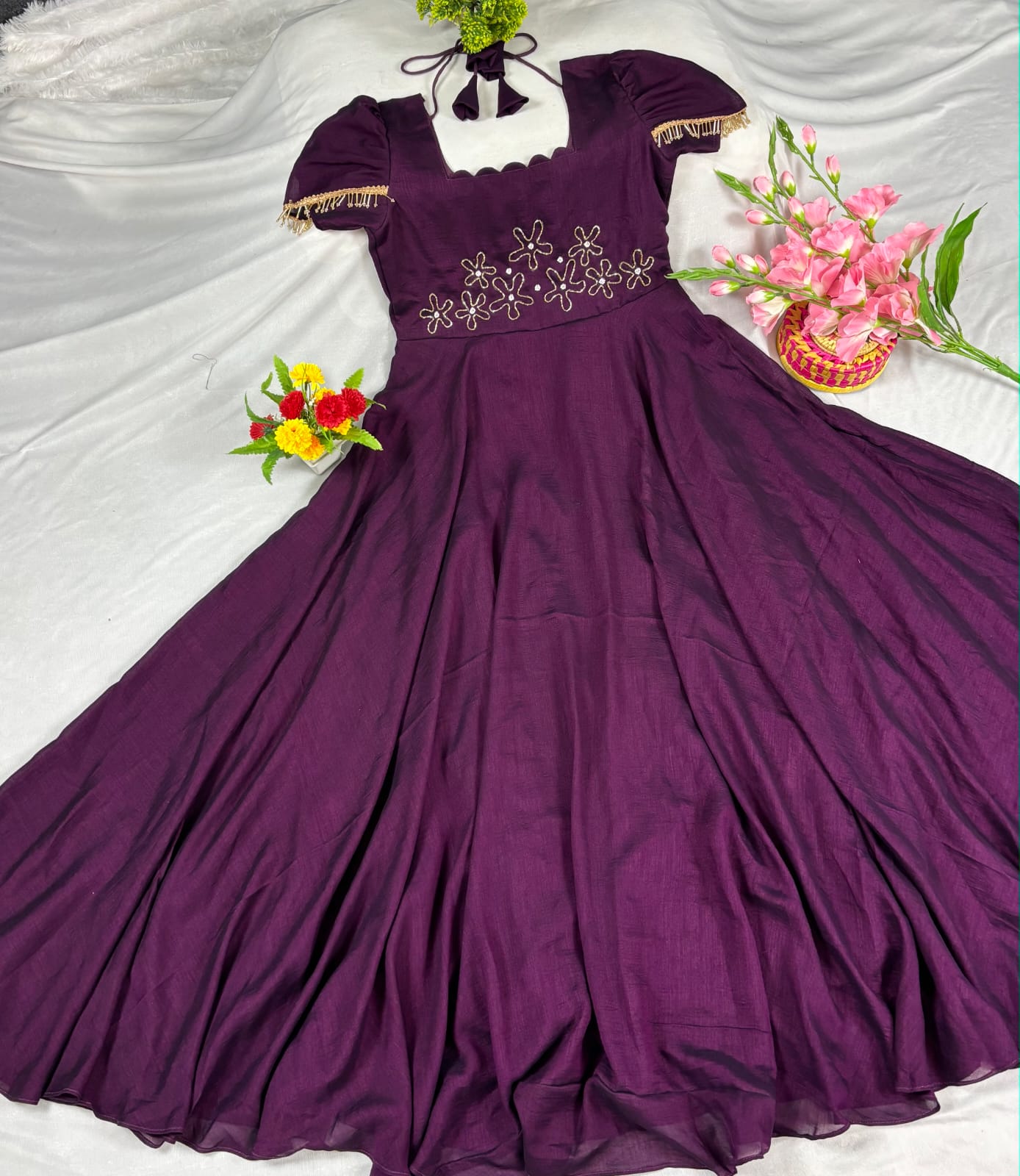 Upto 3XL- Vichitra Blooming Floor length Gown handwork in wrist and scallop neck double sleeves with hanging lace