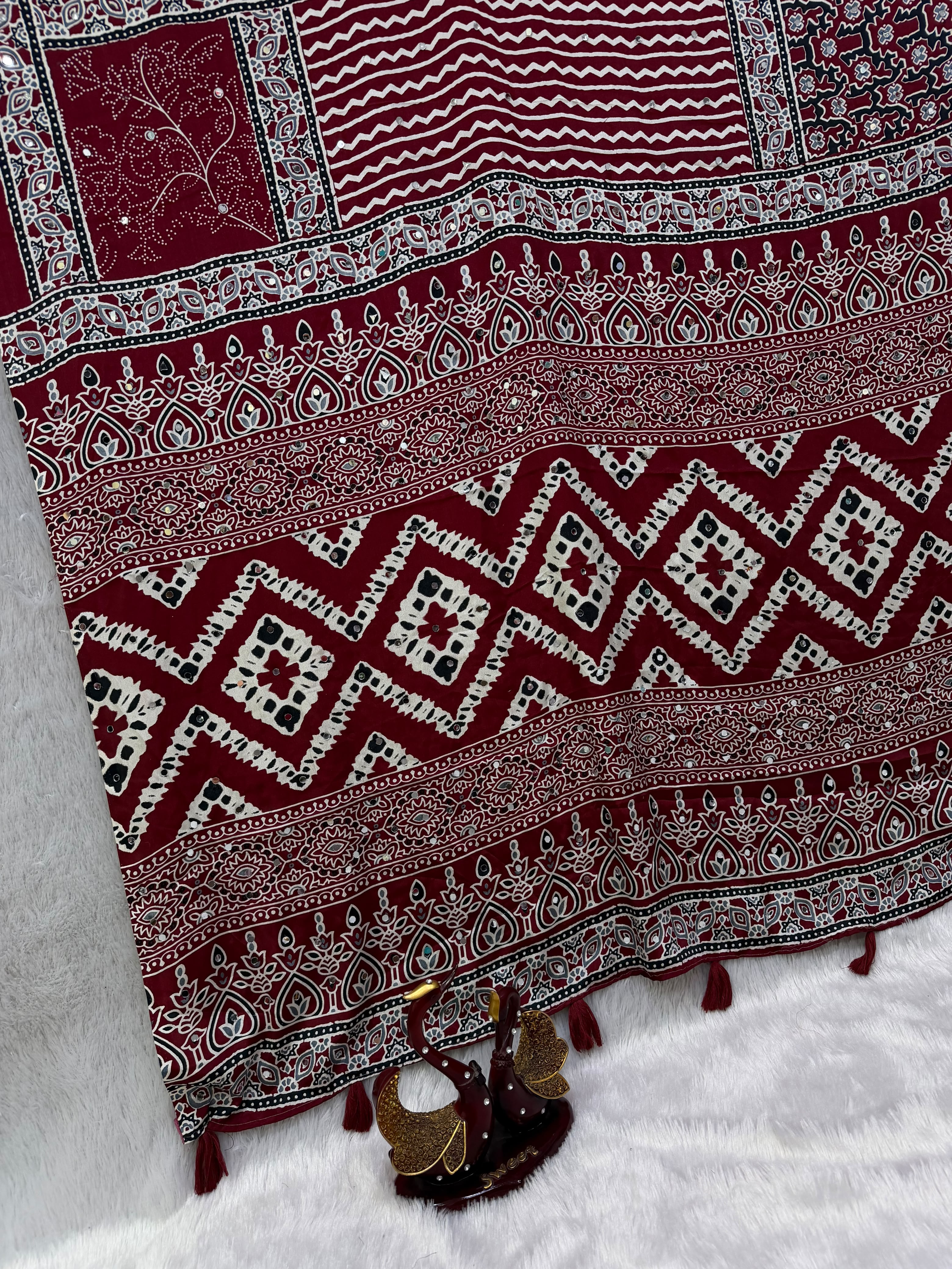 Beautiful Ajarakh Sarees with Real Mirror Work and Latkan