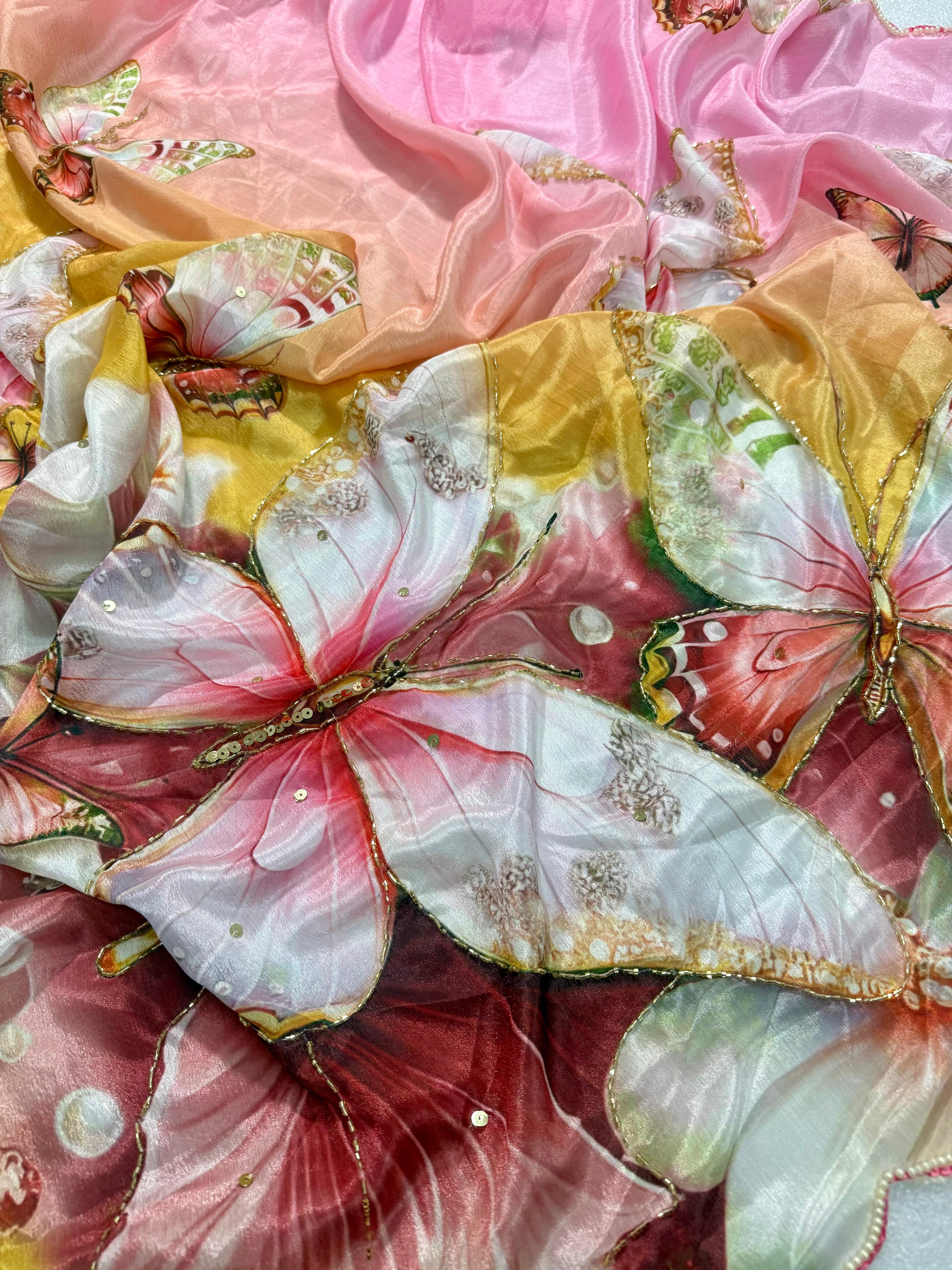 Pure Malai Silk Saree with Beautiful Digital Prints Butterfly & Flower with Hand Cutdana Work