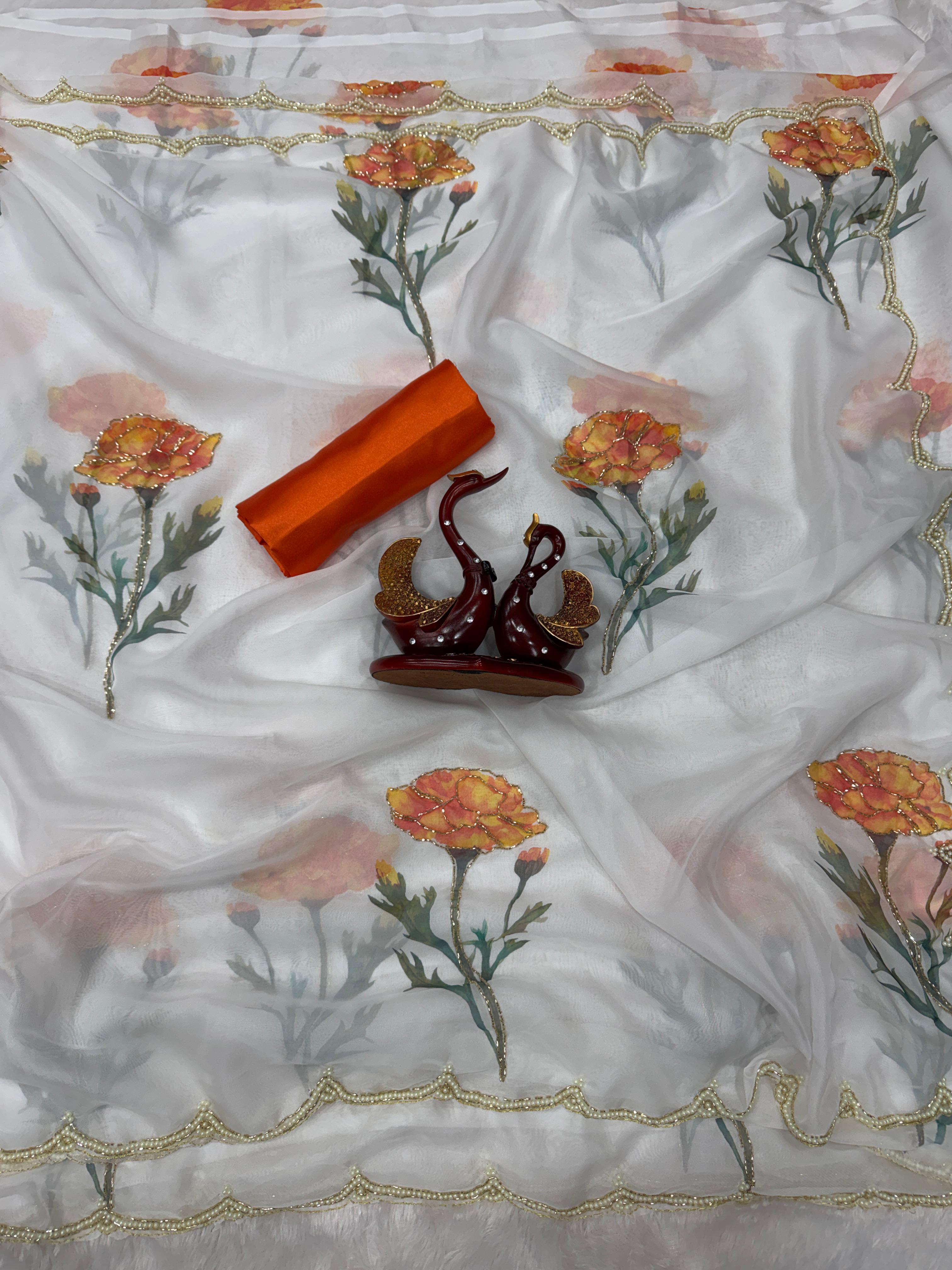 Premium Soft Tebby Silk Saree with Beautiful floral design with beads and katdana handwork