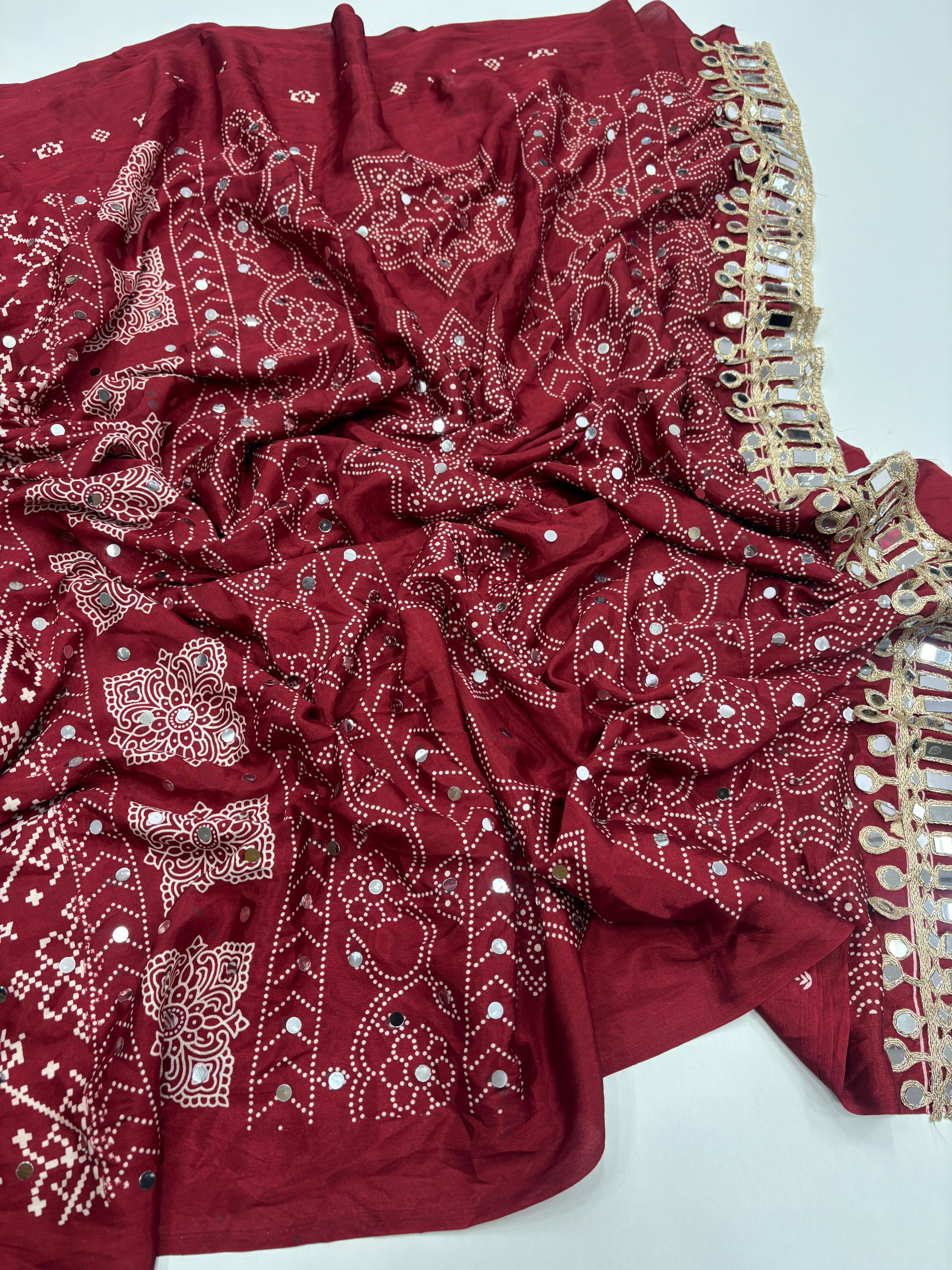 Ajrakh Saree with Mirror Work