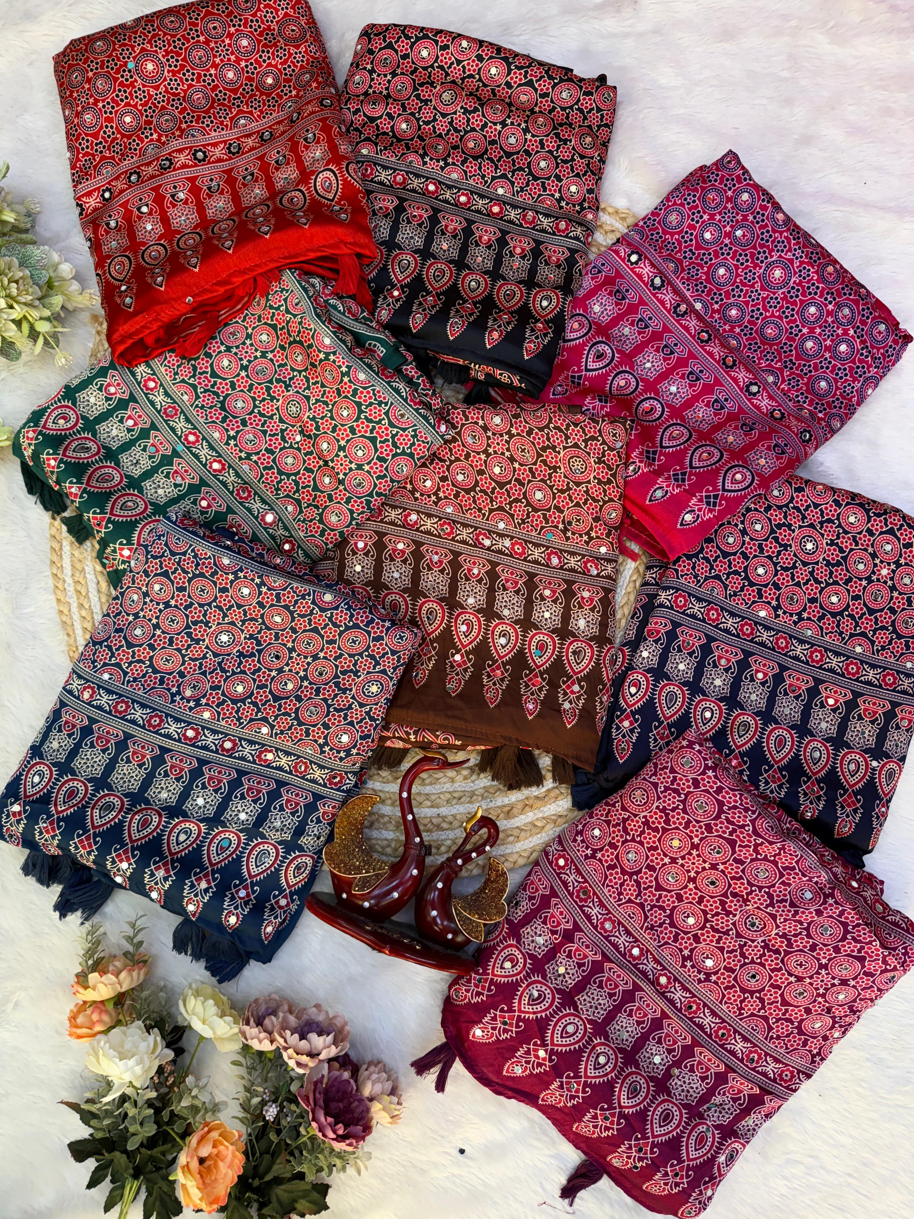 Beautiful Ajrakh Print with Real Mirror Work and Latkan