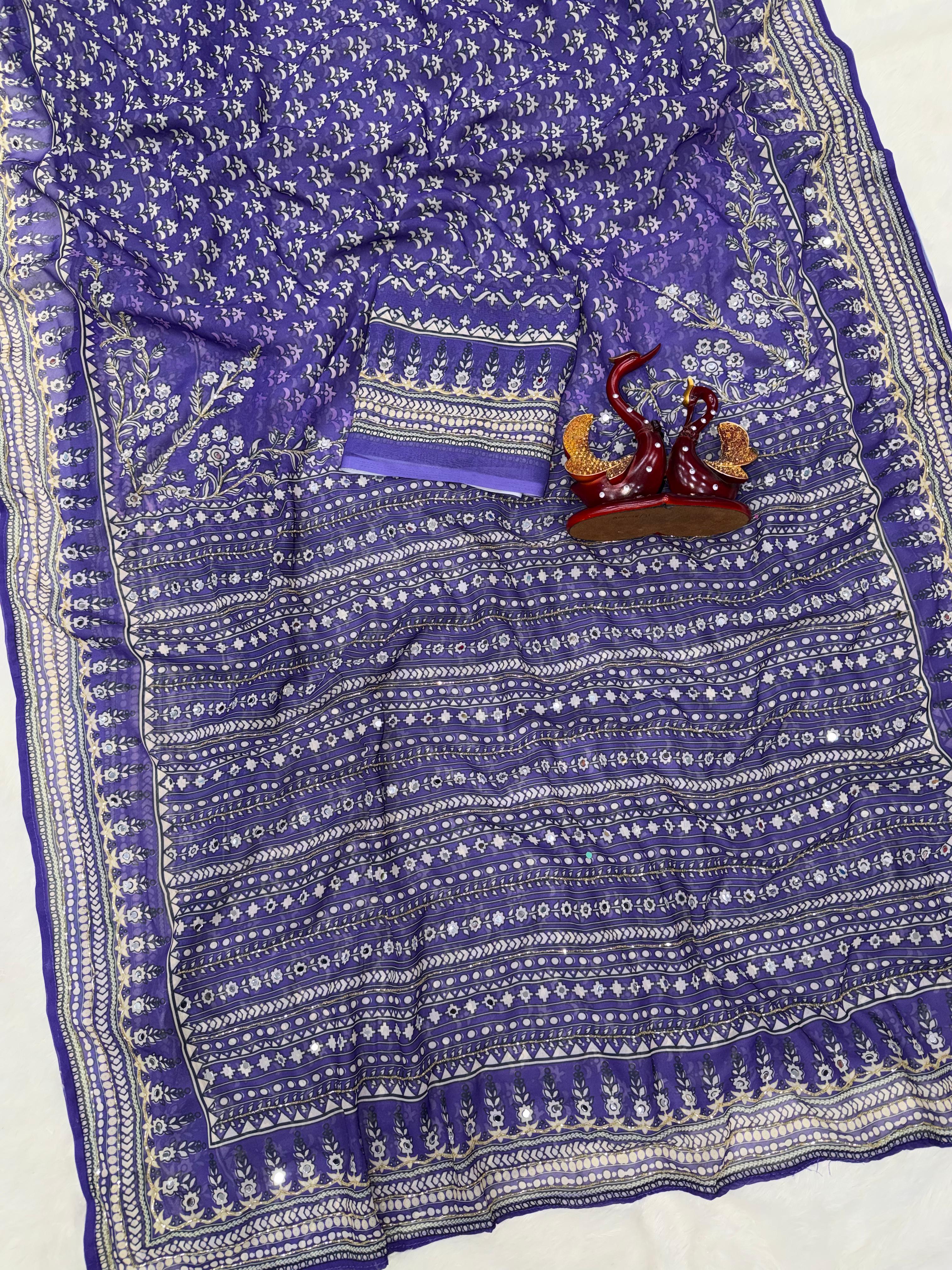 Ajrakh Designer Soft Fox Georgette Sarees with Cutdana and Mirror Work