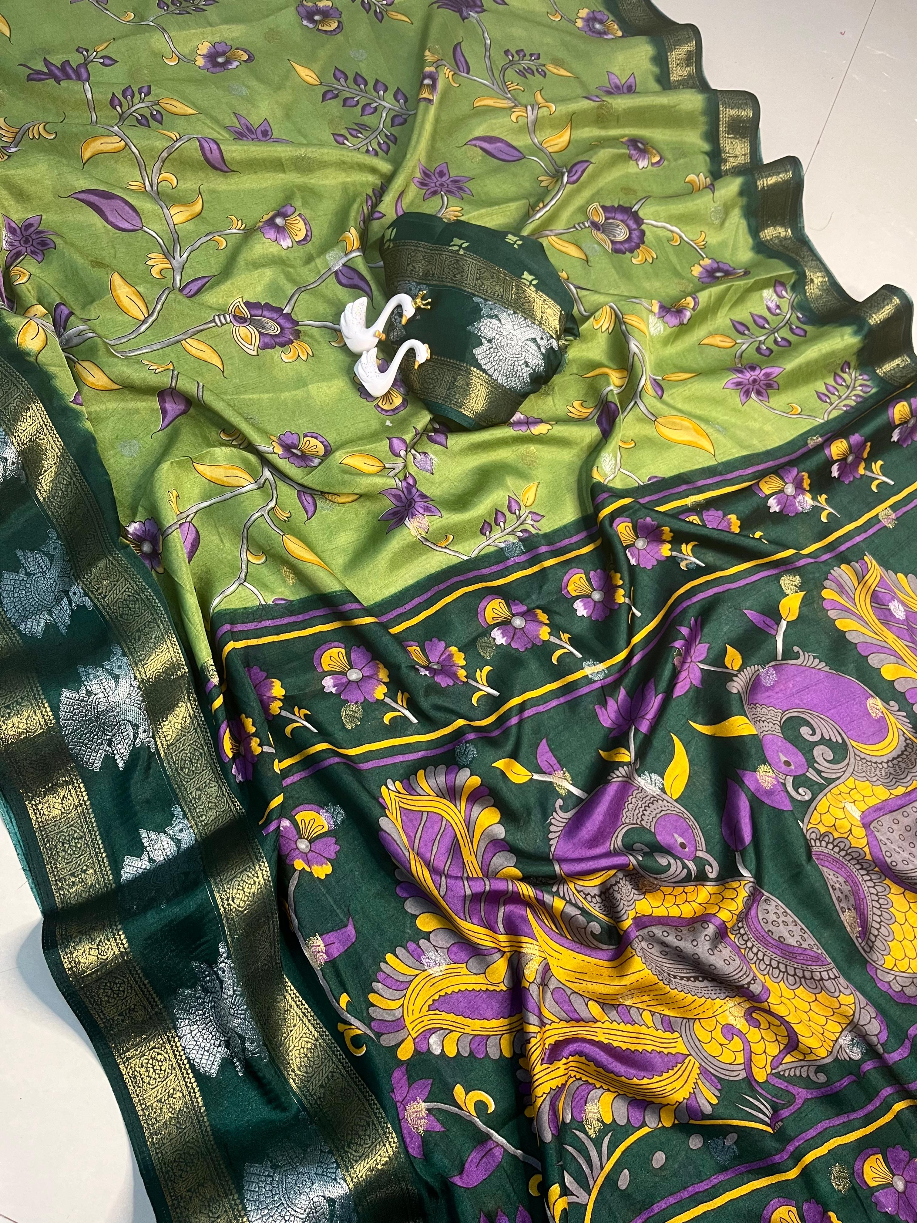 Soft Dola Kalamkari Saree with Peacock Weaving