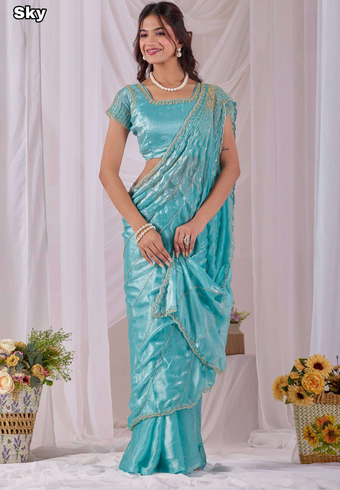 Space Silk Sarees with Cutdana Handwork & Maggam Work