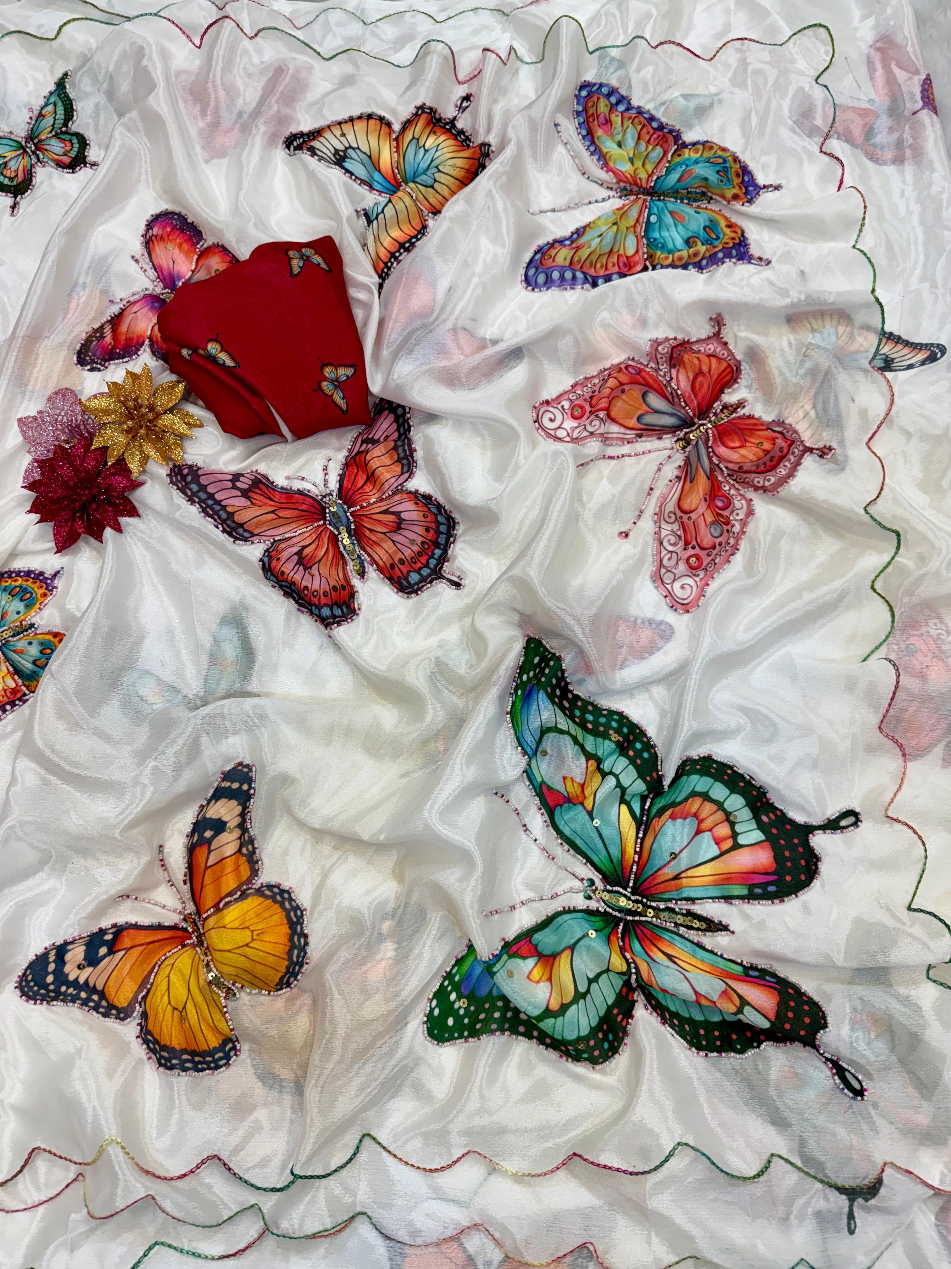 Beautiful White Butterfly Malai Silk Saree