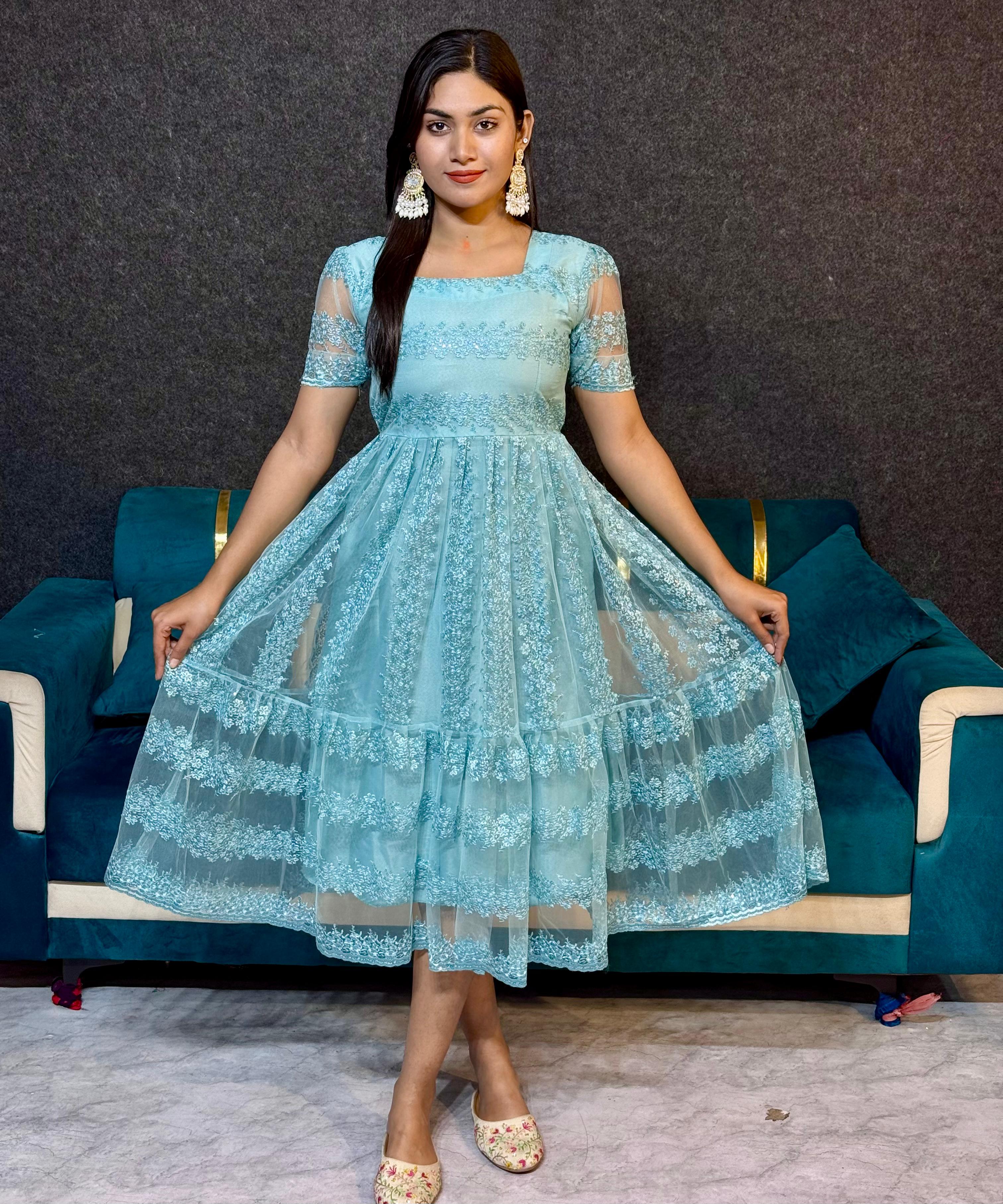 Beautiful Flower Embroidery Sequence Work Frocks