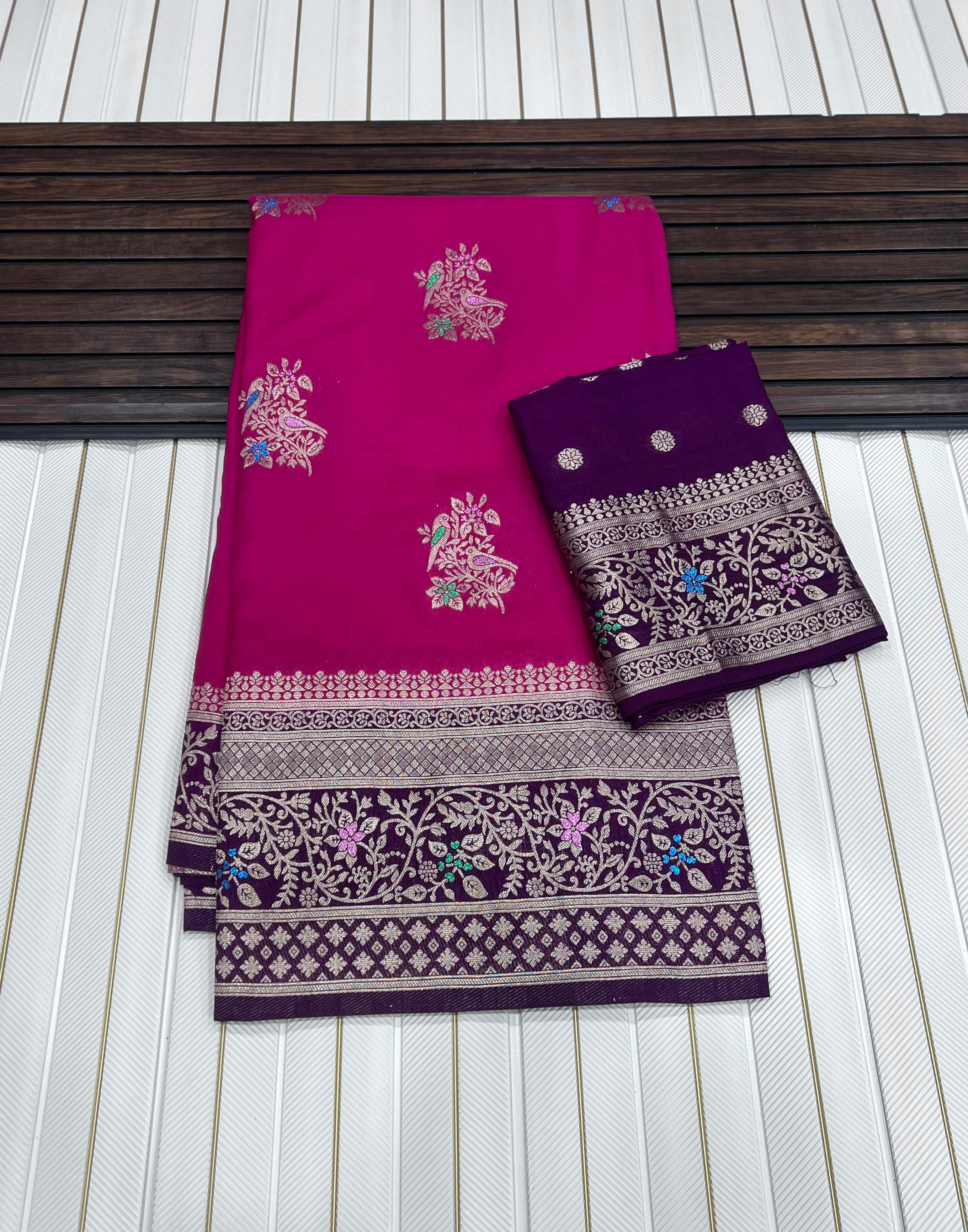 Pure Khadi Crep Georgette antique colour jari Meena Jaqurad Weveing Rich pallu saree with running blouse