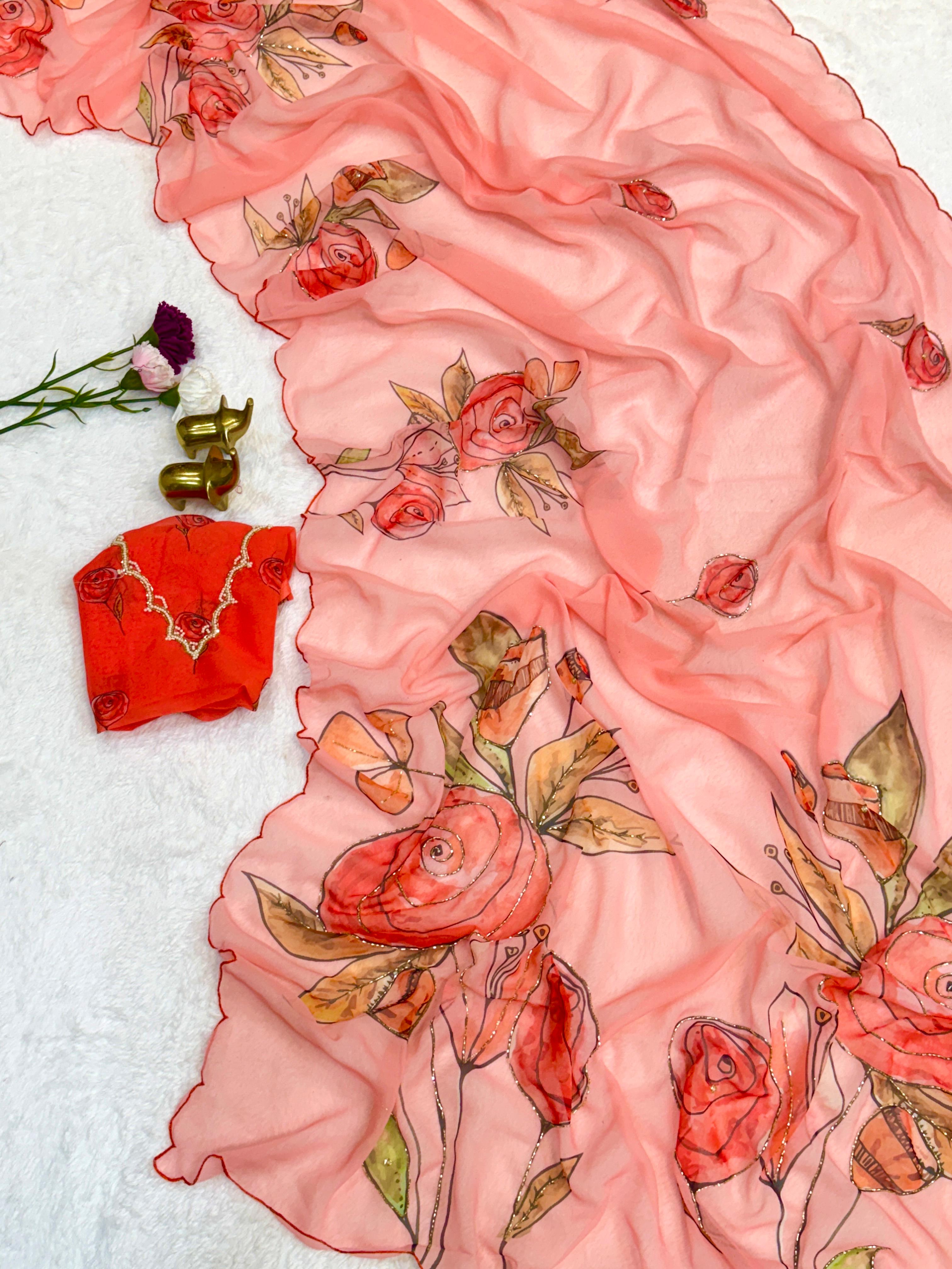 Chiffon Floral Digital Print with Beautiful Handwork and Arco Lace Border