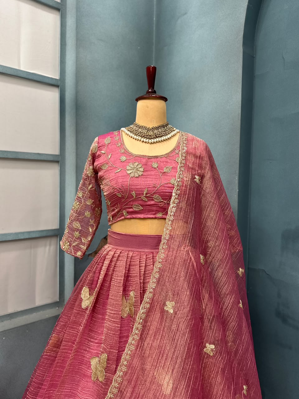 Premium Salsa Silk Fully Stitched Lehenga Set with Elegant Butterfly Maggam Embroidery