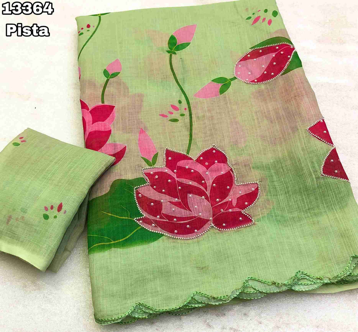 Soft Linen Lotus Design Digital Print Saree With Hand Moti Work Outing With Embroidery Scalloped Cutwork Border