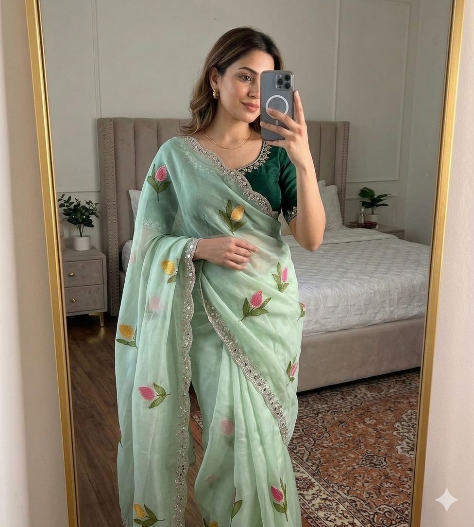 Star Georgette Silk Saree with allover Embroidery Work
