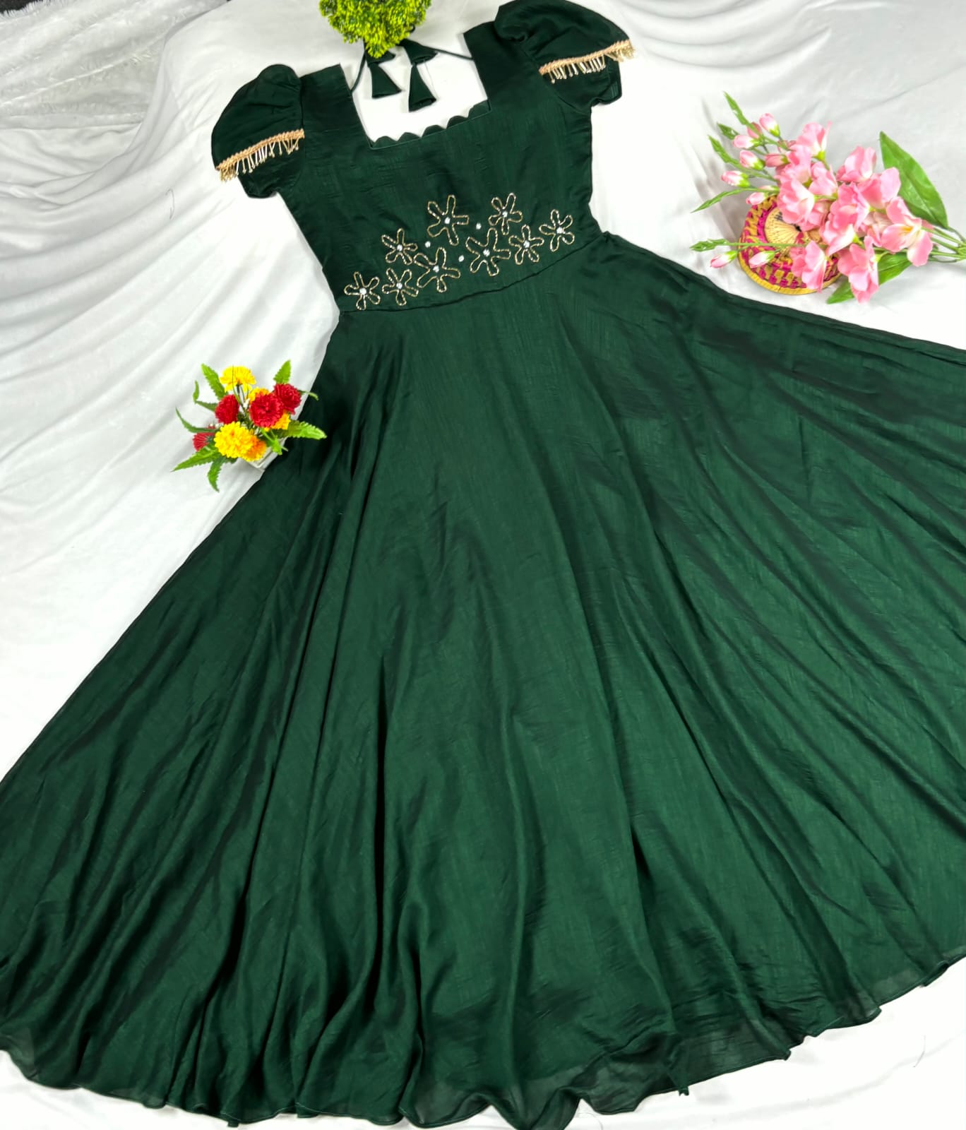Upto 3XL- Vichitra Blooming Floor length Gown handwork in wrist and scallop neck double sleeves with hanging lace