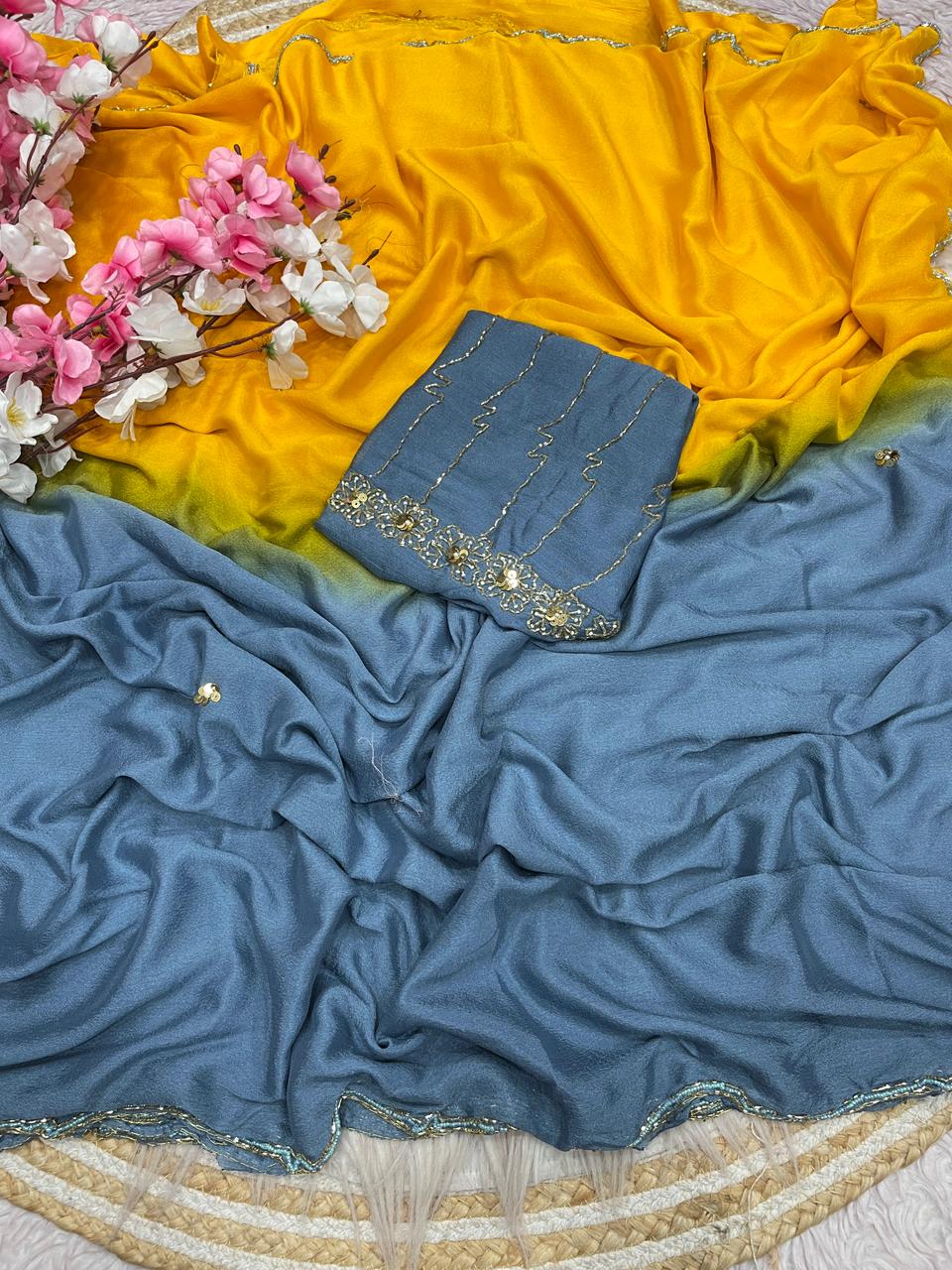 Designer Pure Dyeable Shaded Chinnon Saree with Cutdana Work
