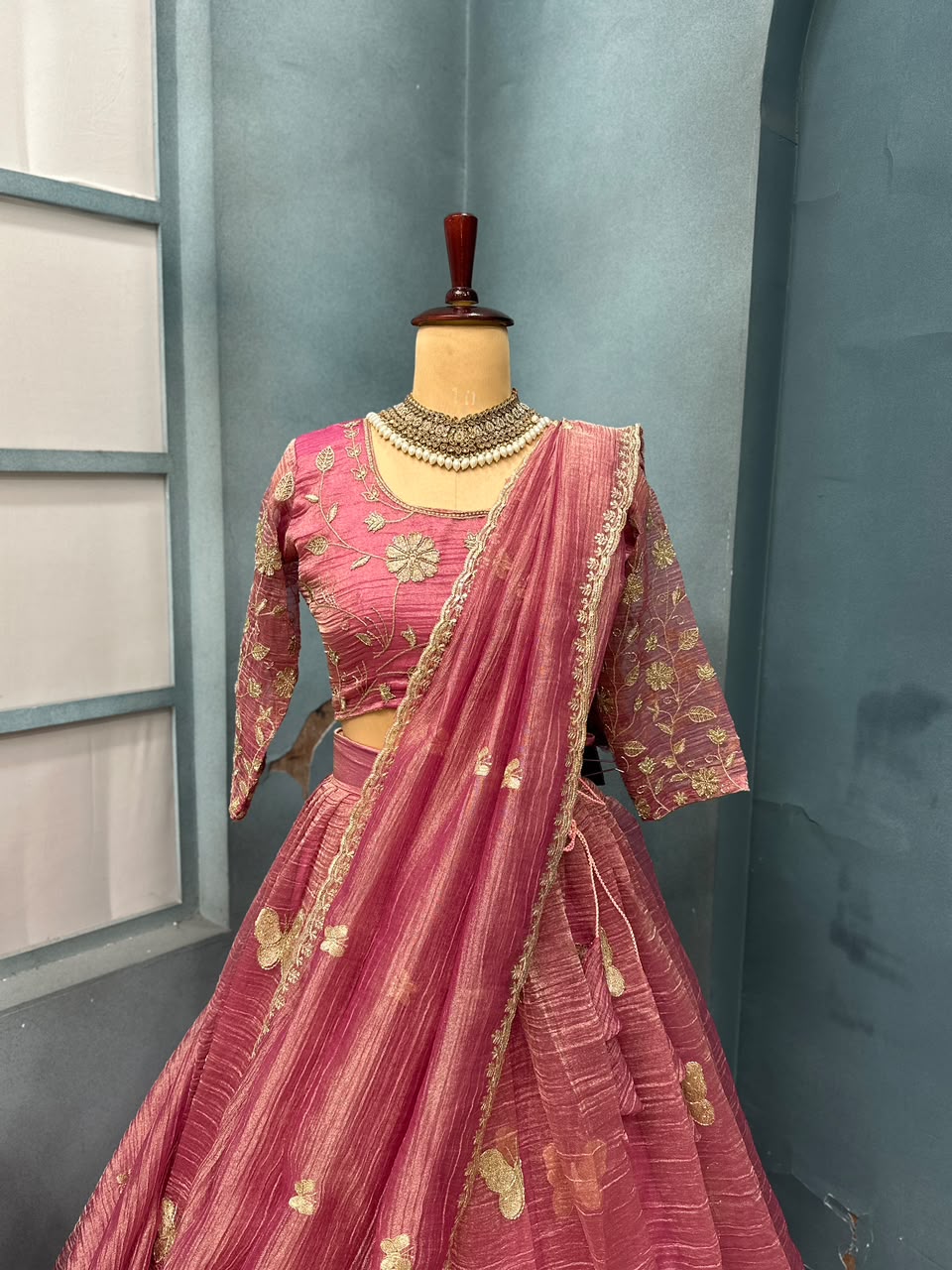 Premium Salsa Silk Fully Stitched Lehenga Set with Elegant Butterfly Maggam Embroidery