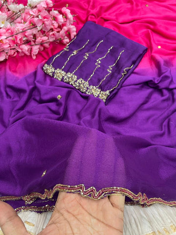 Designer Pure Dyeable Shaded Chinnon Saree with Cutdana Work