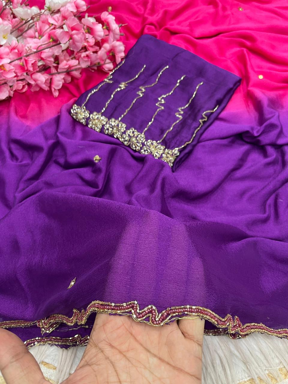 Designer Pure Dyeable Shaded Chinnon Saree with Cutdana Work