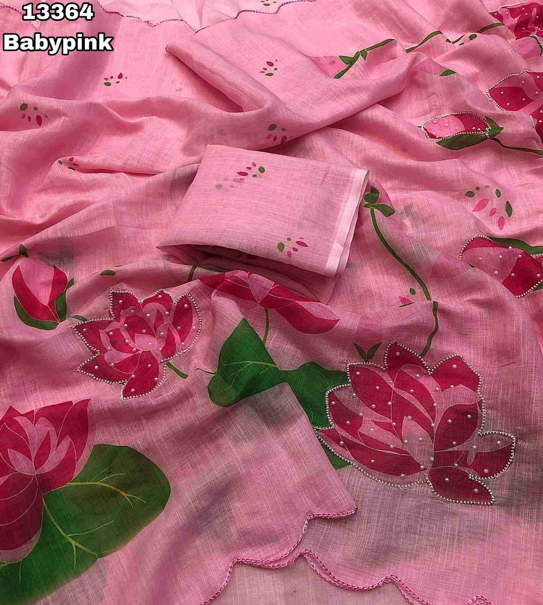 Soft Linen Lotus Design Digital Print Saree With Hand Moti Work Outing With Embroidery Scalloped Cutwork Border
