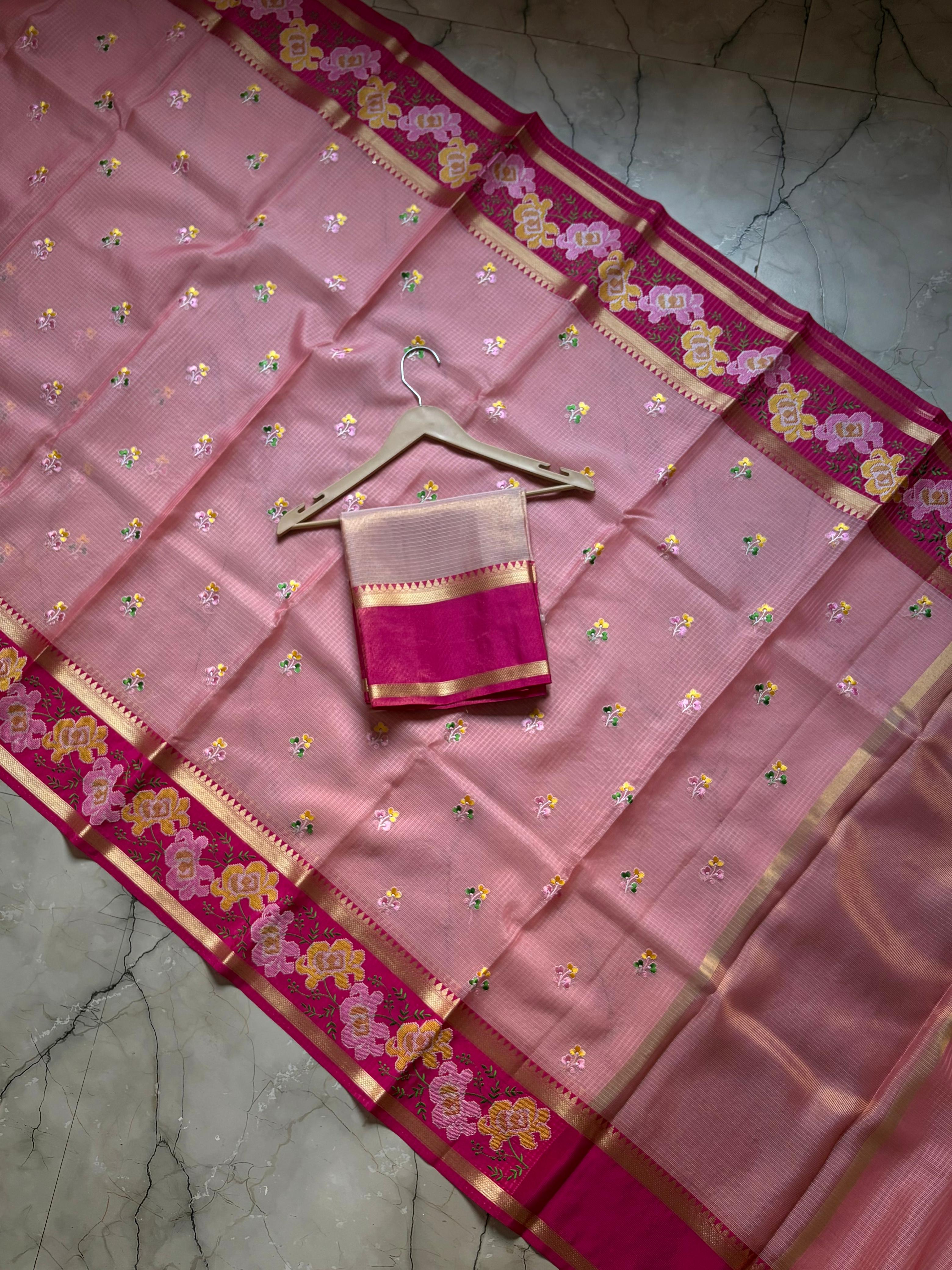 Banarasi Embroidery Pink Border Designer Kota Checks Sarees